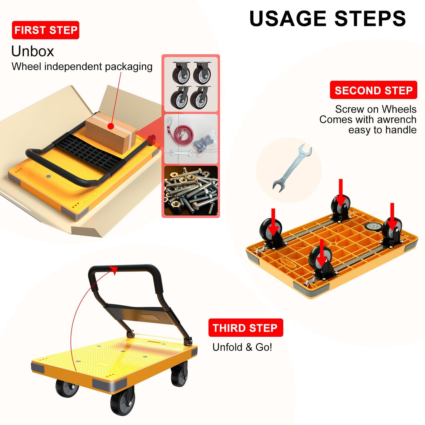 WUD Push Cart, Folding Mobile Platform Trolley,Thickened and Reinforced, 360° Swivel Wheels,28.3 “L x 18.9 ”W, 660 lb. Yellow Dolly cart with Wheels