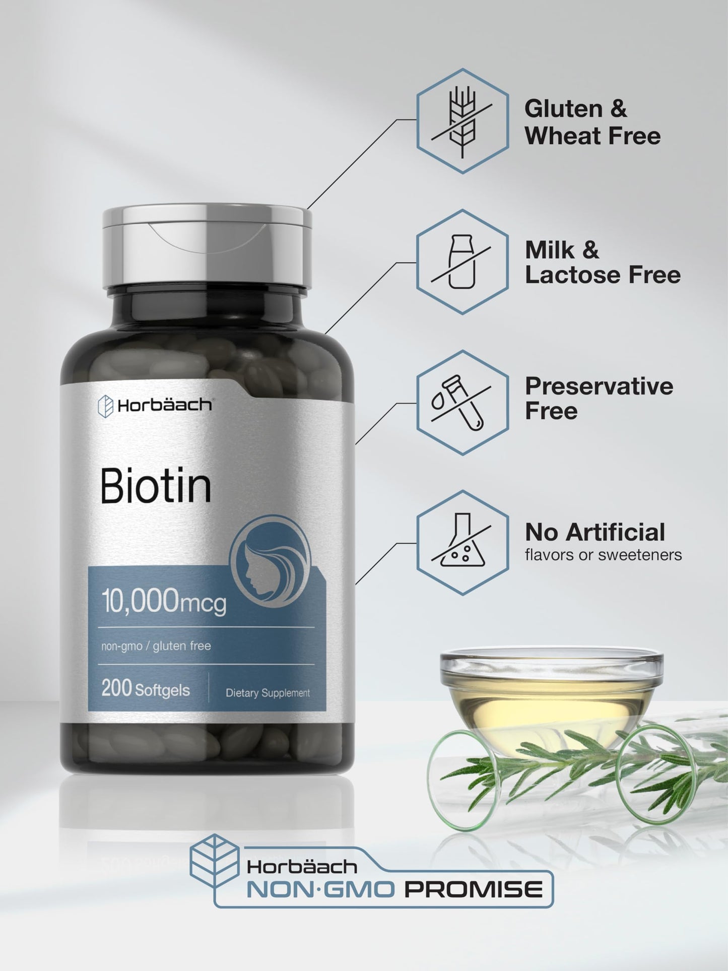Horbaach Biotin 10000 mcg | 200 Softgels with Vitamin B7 | Beauty Formula Supplement | Non-GMO & Gluten Free