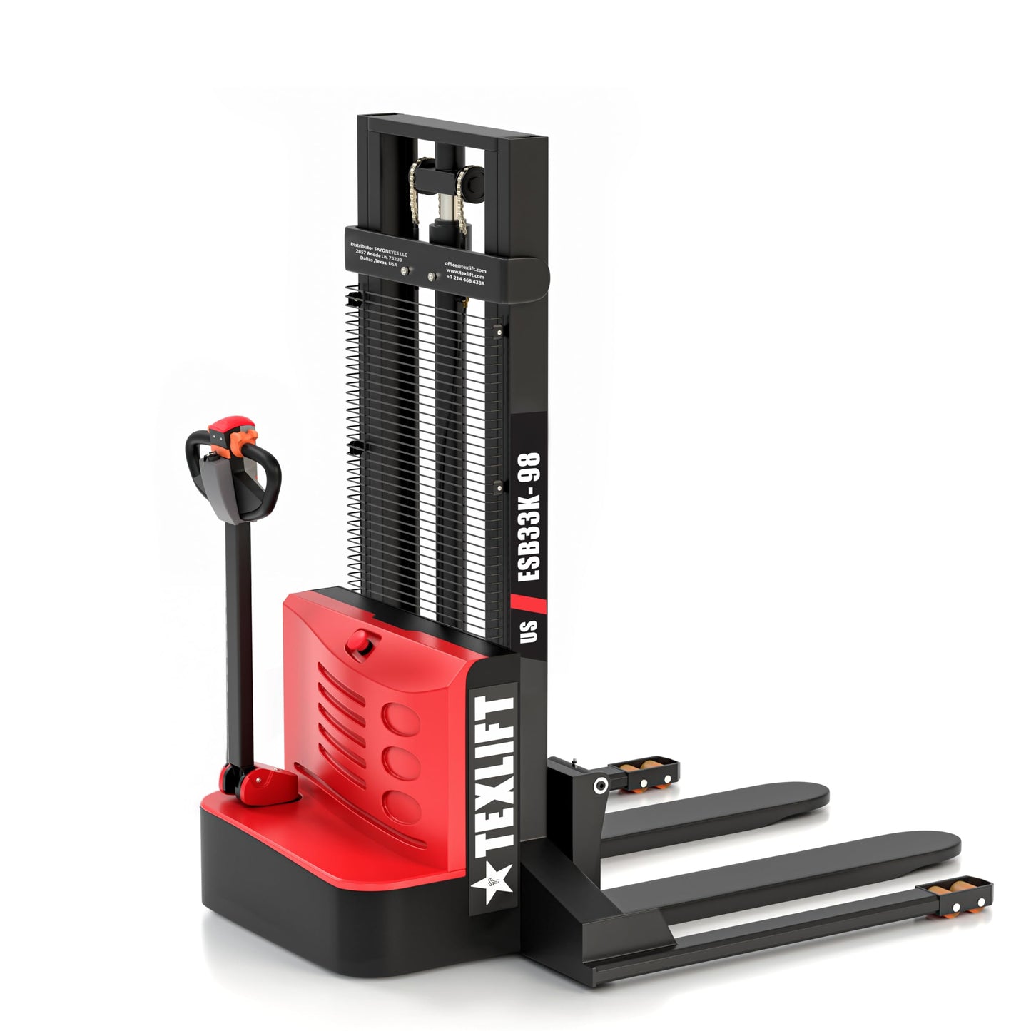 TEXLIFT Full Electric Pallet Stacker 3300 lb Capacity, 98″ Lift Height, Adjustable Forks 5.5″–27″, Fixed Straddle Legs, Walkie Electric Forklift Material Lifter Truck 24V DC Power - (US-ESB33K-98)