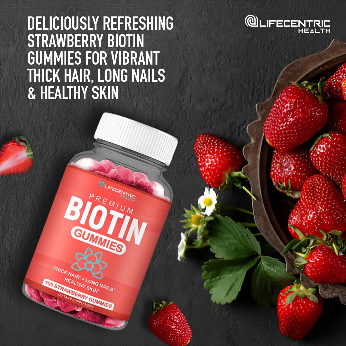 LifeCentric Health Biotin Gummies for Adults | Max Strength Biotin 10000mcg | Chewable Biotin Supplement for Women and Men | 100 Count Vegan Hair Gummies for Hair Skin and Nails