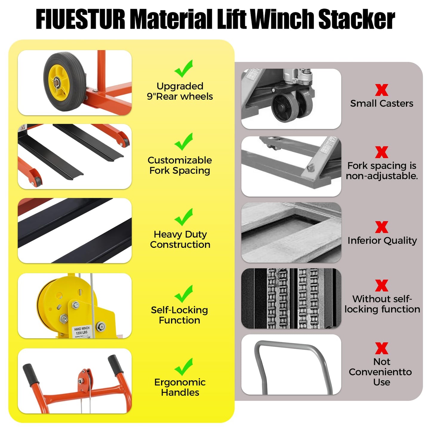FiueStur Material Lift Winch Stacker 330 lbs Capacity Pallet Truck Dolly 40 Inch Lift Height Lift Table Adjustable Forks 9 Inch Wheels for Warehouse Workshop Material Handling