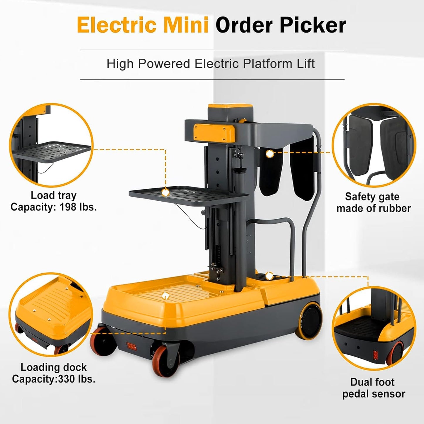 ToryCarrier Mini Order Picker High Powered Electric Platform Forklift Lift Max Reachable Height 197 inch, Max Lift Height 118" with Load Tray 200lbs. Capacity