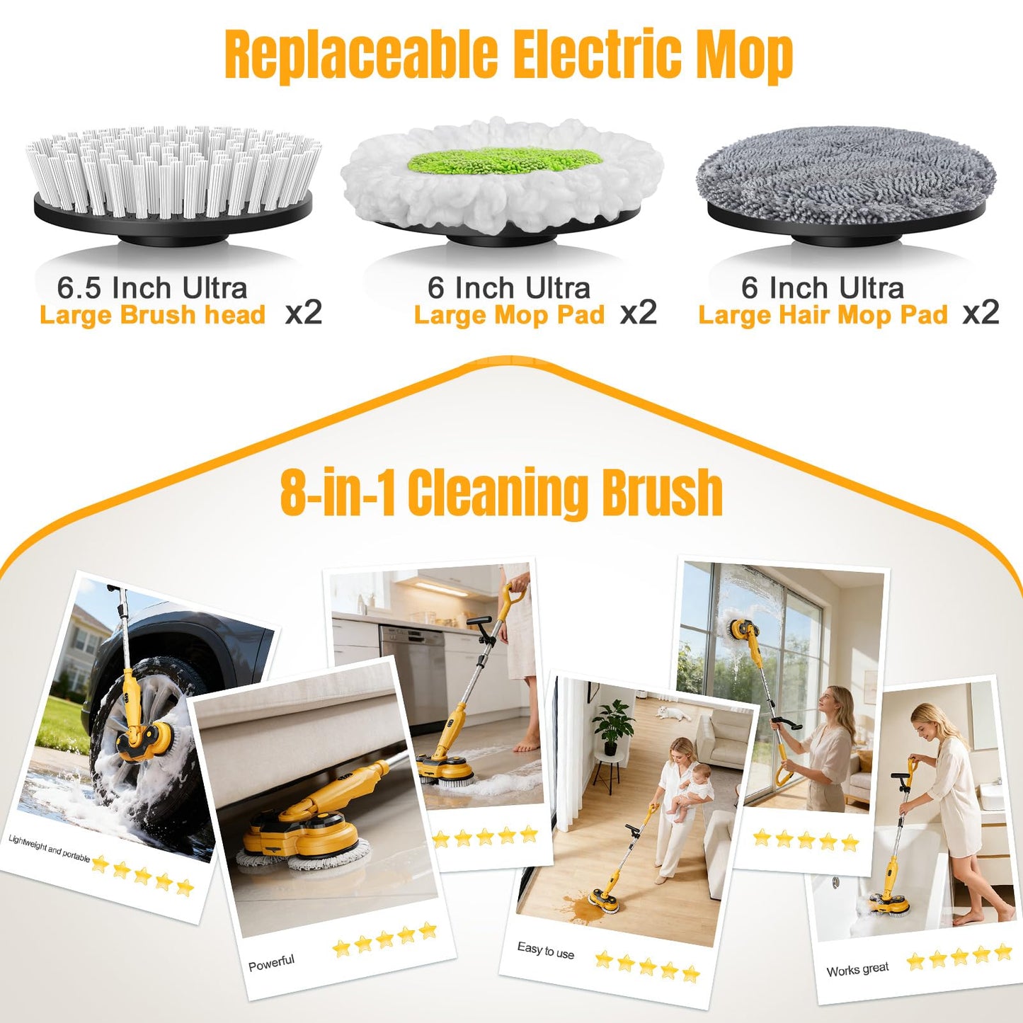 Cordless Electric Mop for Dewalt 20V Battery (NO Battery), 2 in 1 Spin Mop & Electric Floor Scrubber Machine with LED Light & Water Spray, 800 RPM Rotating Electric Mops for Floor Cleaning (Yellow)