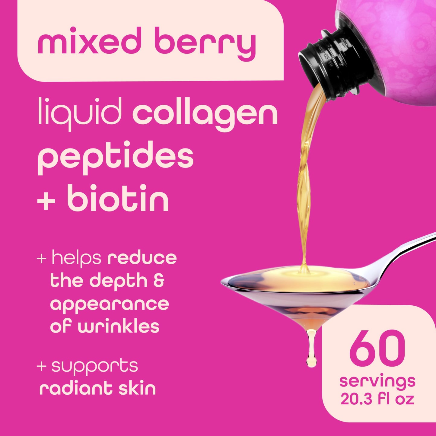 Zena Nutrition Liquid Collagen Peptides and Biotin, 2500mg Verisol Bioactive Collagen Peptides, 5000mcg Biotin, Hair, Skin, Nail Supplement for Women and Men, Mixed Berry, 60 Servings, 20 fl oz