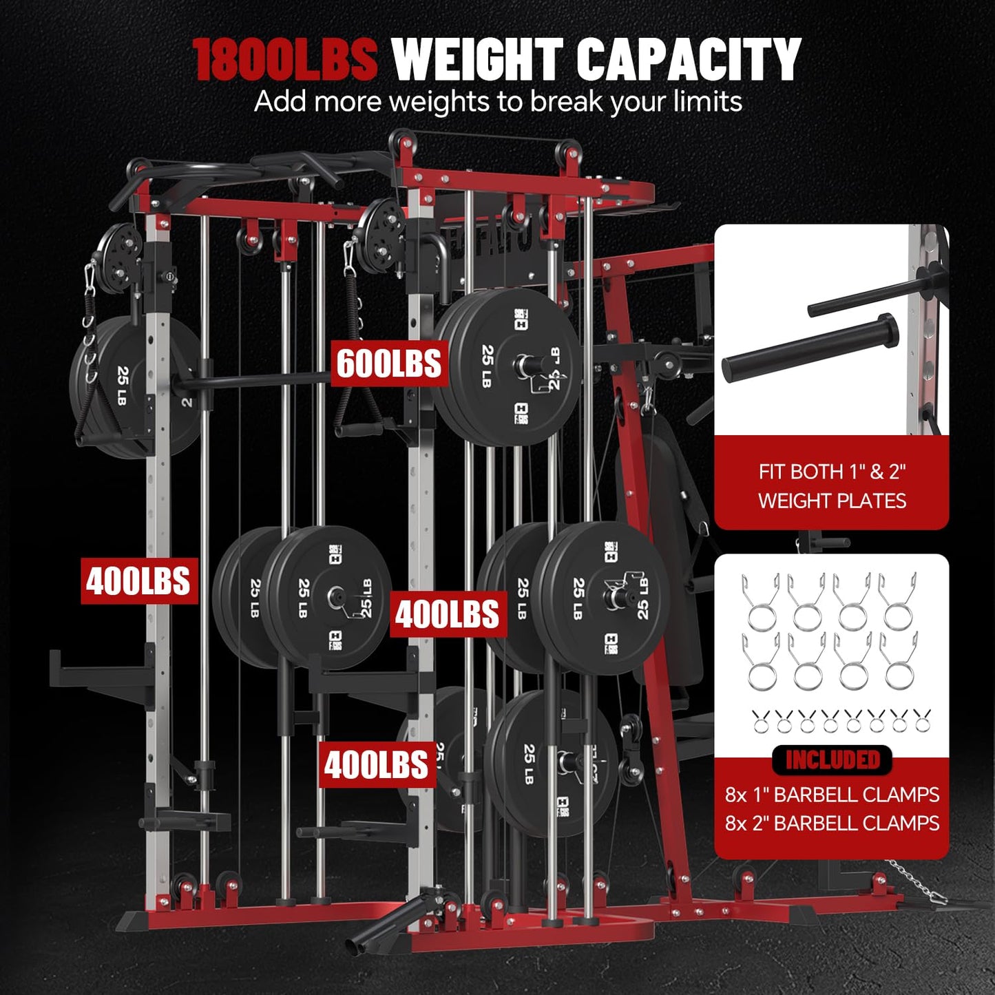 FAGUS H All in One Home Gym System Workout Station, Multi-Function Smithe Machine Power Cage with Cable Crossover, Tripe-Sided Independent Load Posts, Smithe Trainer for Full Body Training, Black Red