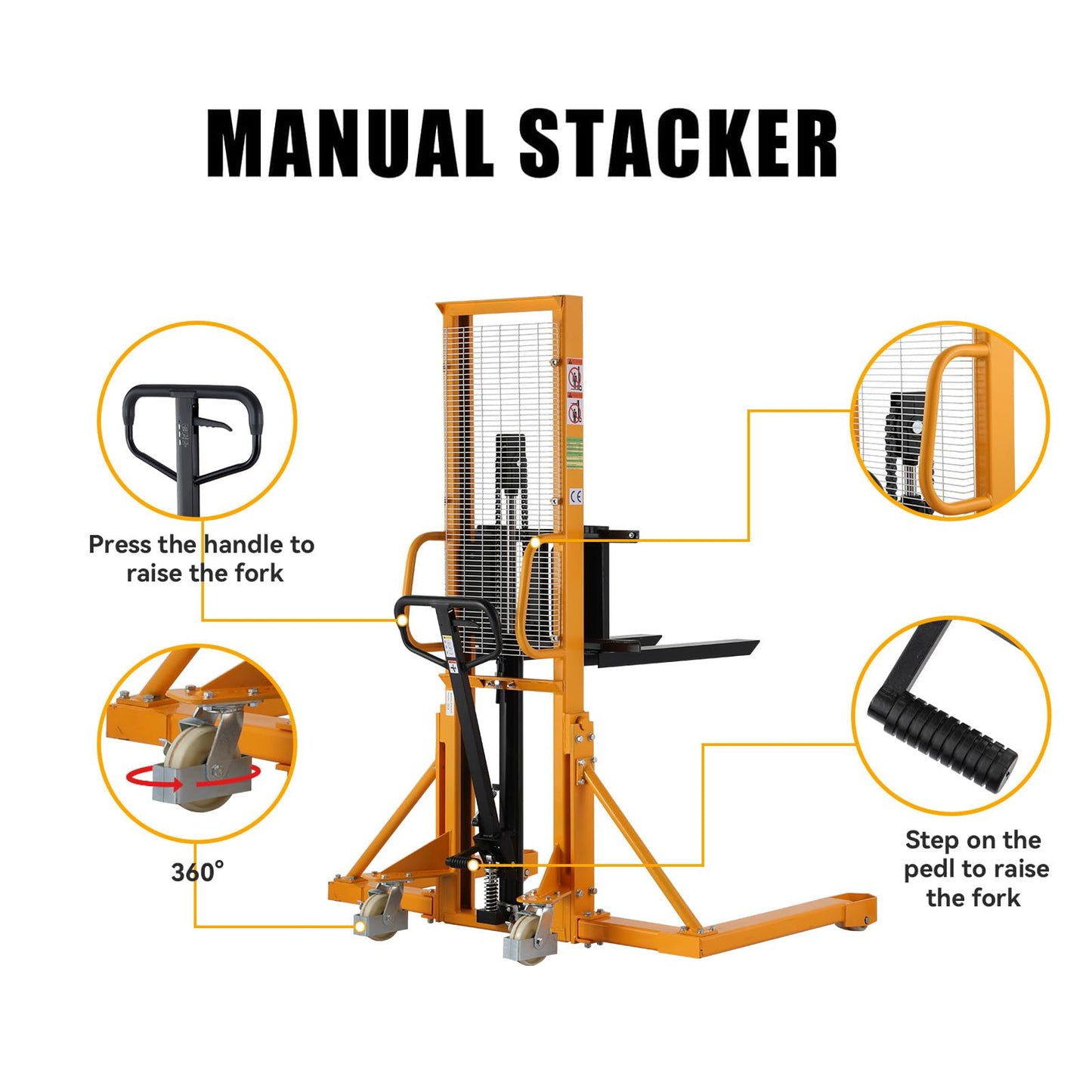 Apollo Manual Stacker Hand Pallet Forklift 1100lbs Capacity 63" Lifting Height with Straddle Legs, Adjustable Forks