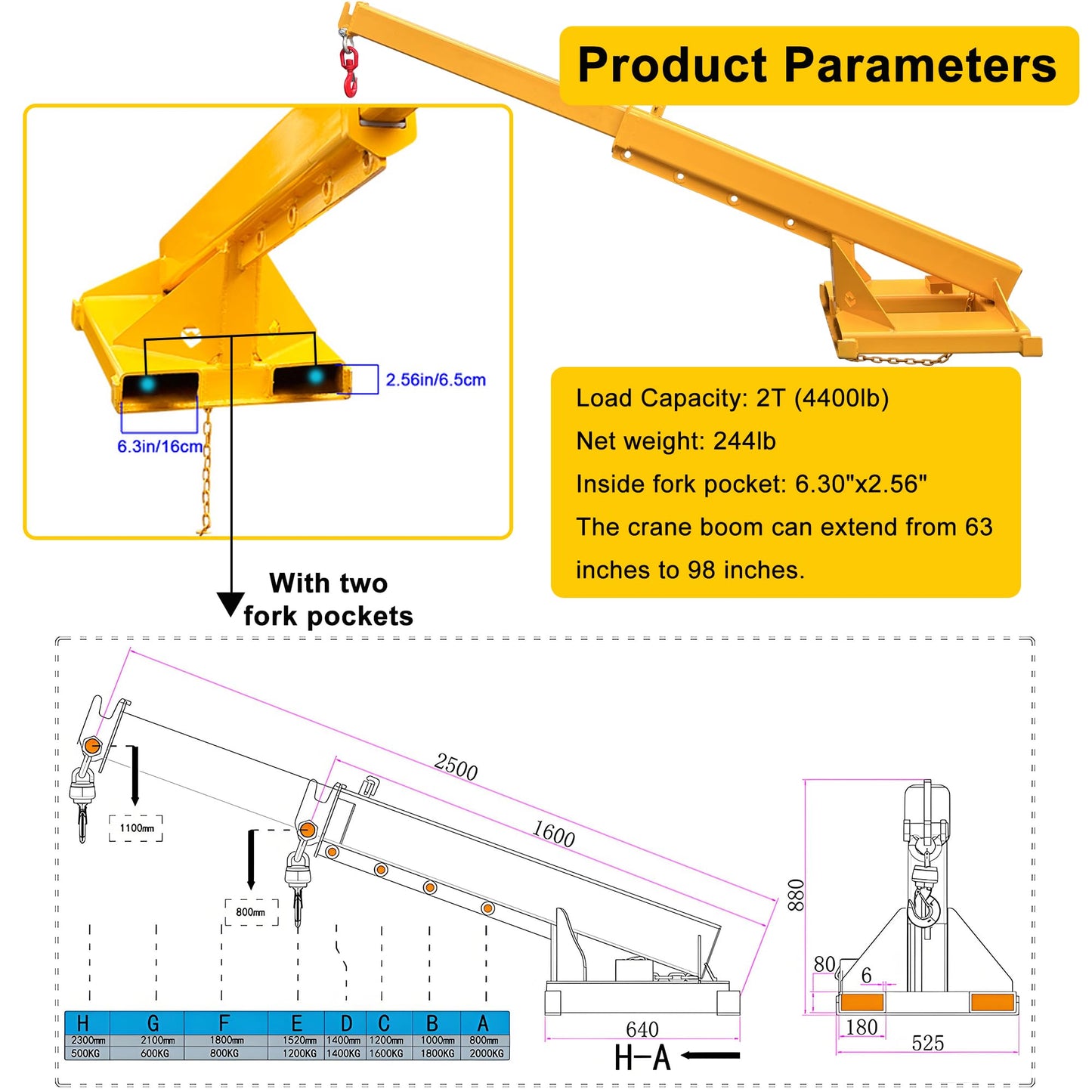 HayWHNKN Forklift Jib Boom Forklift Mobile Crane, 2T / 4400LB Telescopic Crane Attachment with Hook, Adjustable 63"-98" Mobile Lifting Hoist Towing Handling for Warehouse & Construction Material