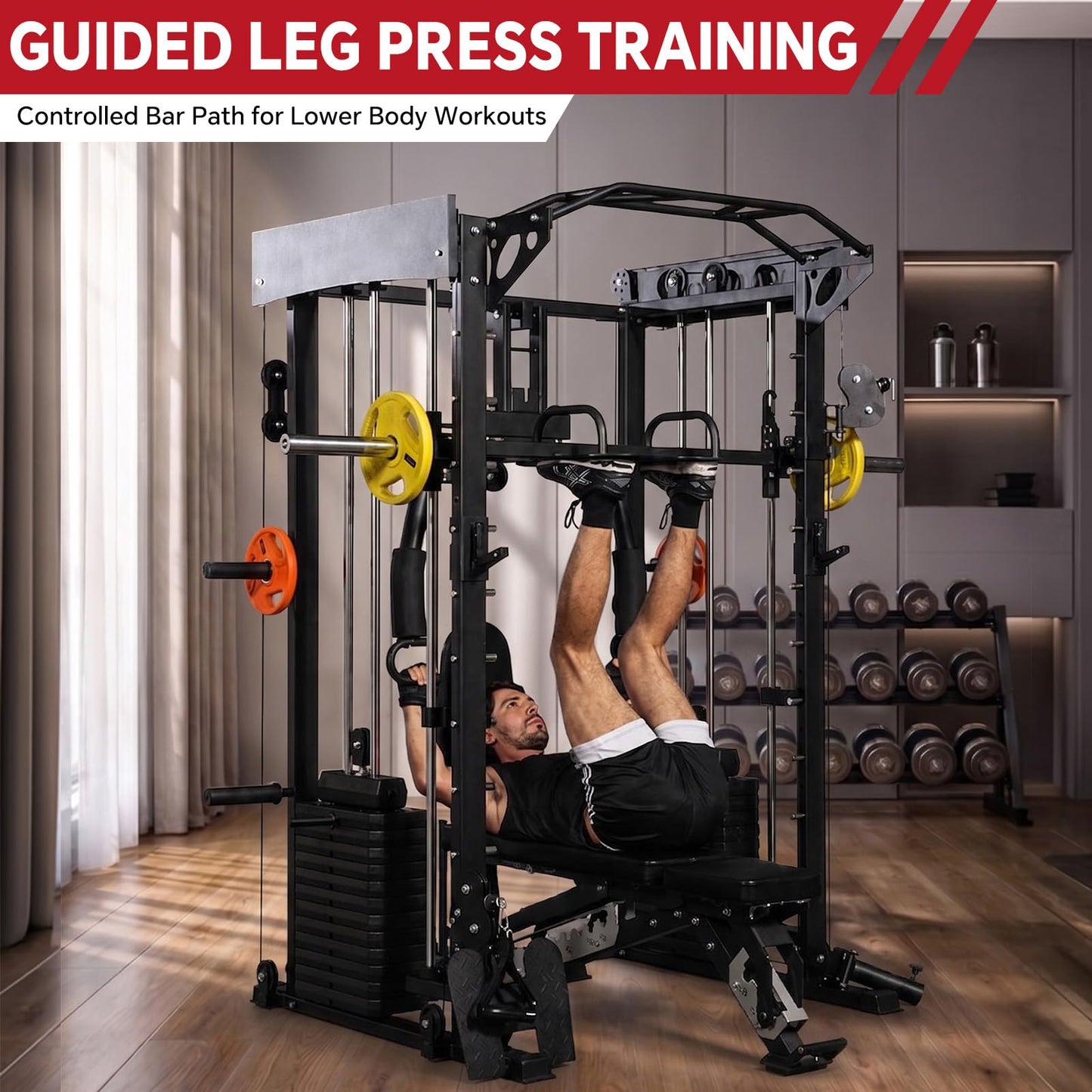 Smith Machine with Bench, Chest Fly and Leg Press, Dual 313 lb Weight Stacks, All in One Home Gym with Power Cage, Cable Pulley and LAT Pulldown for Full Body Strength Training