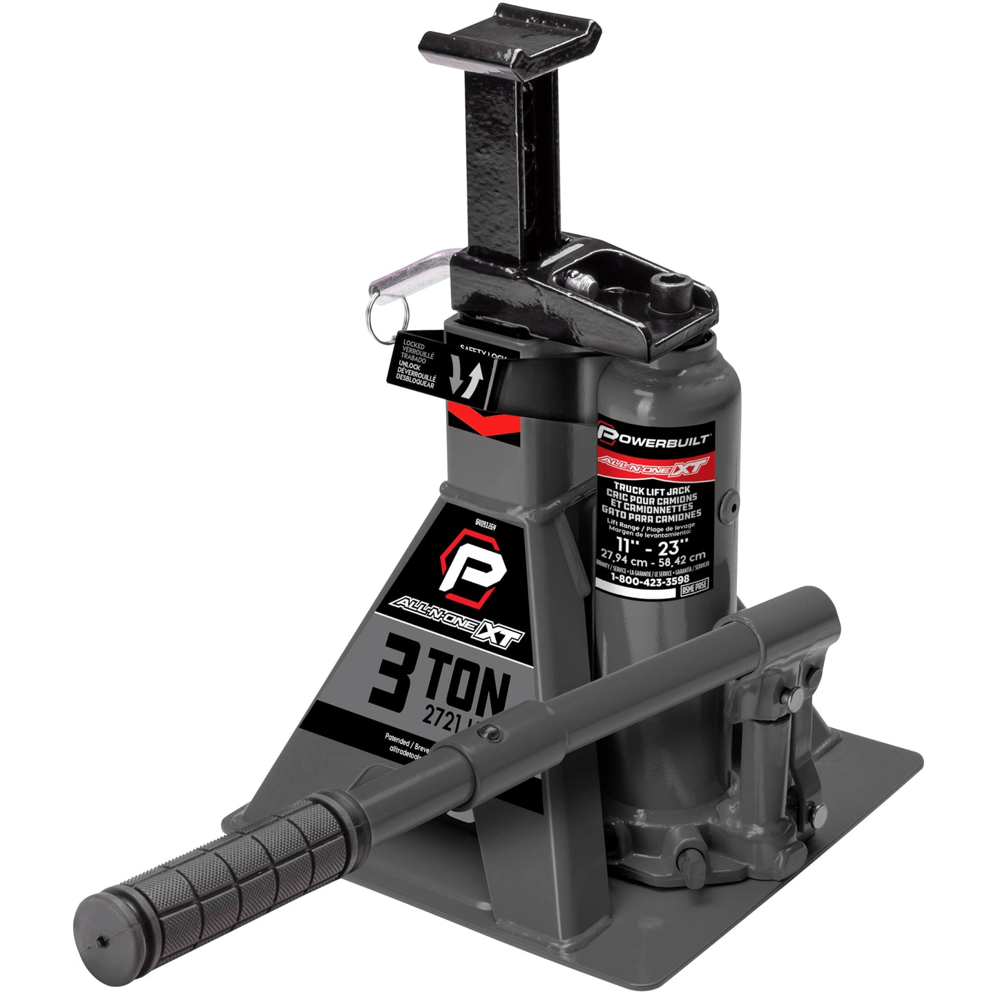 POWERBUILT 3 Ton All-in-One Hydraulic Bottle Jack and Jackstand in One, Compact, Wide Base, 11-21 inch Range, Eliminates Jackstands, for Trucks, SUVs, RVs, Trailers, Not for Sedans (Grey) 640912GY