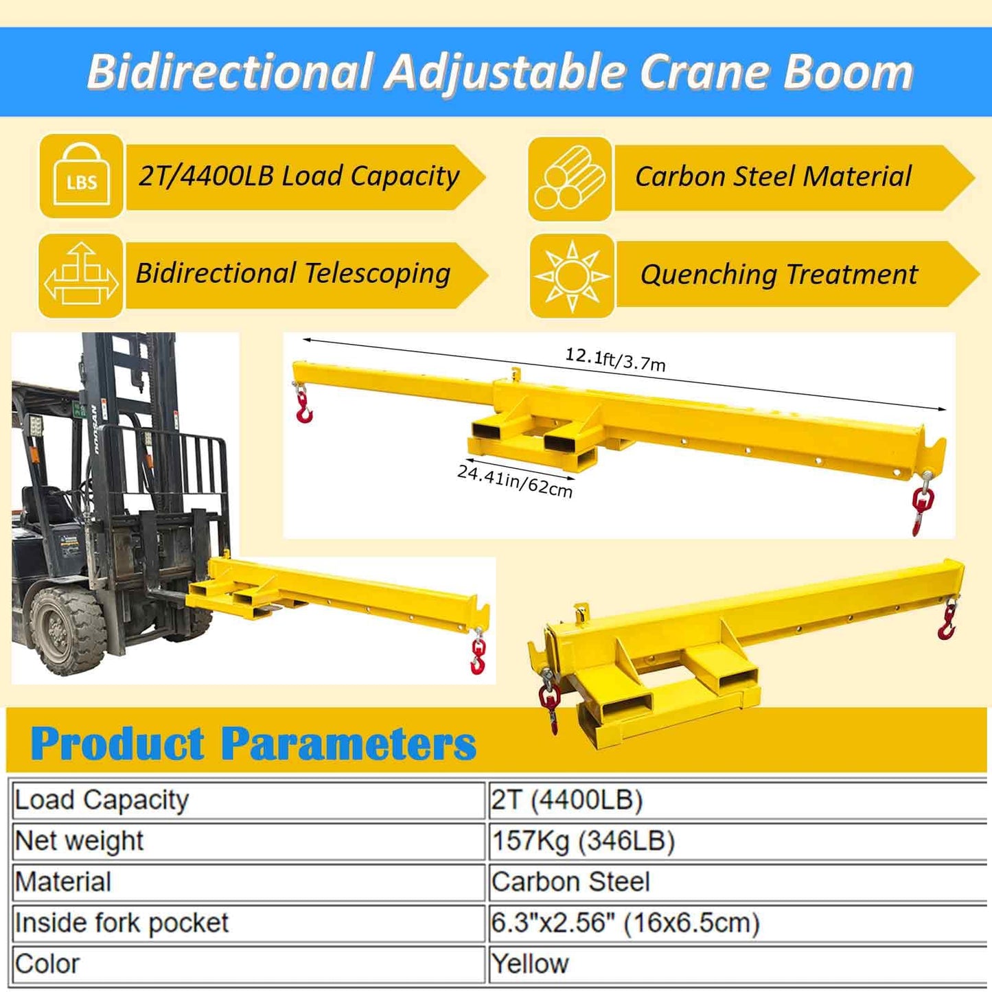 BEILOCKERY Forklift Jib Crane 4400lbs/2 Ton Capacity, Telescopic Boom with Transverse & Longitudinal Direction, Adjustable Mobile Hoist with Truss Boom & 2 Hooks, Max Reach 145.2 Inches