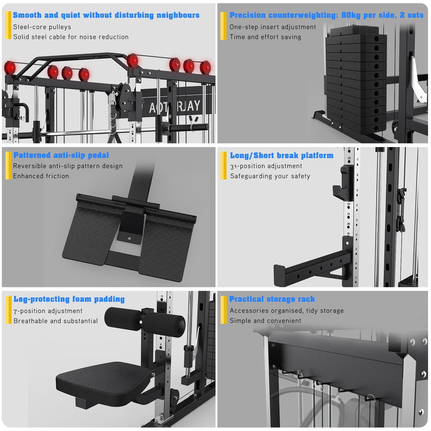 AOTORJAY Smith Machine Strength Training Squat Rack with Smith Bar, Power Cage with LAT Pull-Down Systems, Cable Crossover Machine for Home Gym (Smith Machine with 352lbs Weight Stack)