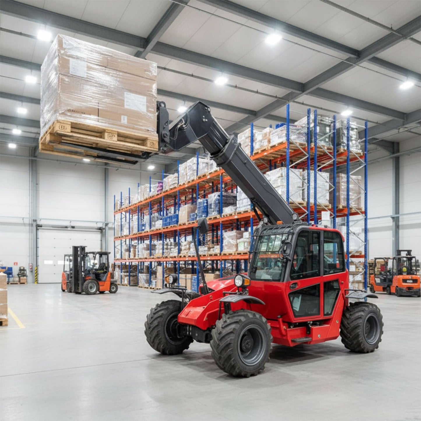 Compact Rough Terrain Telehandler for Outdoor Material Handling, Telescopic Reach Forklift with Enclosed Cab for Farm Warehouse Construction Operations