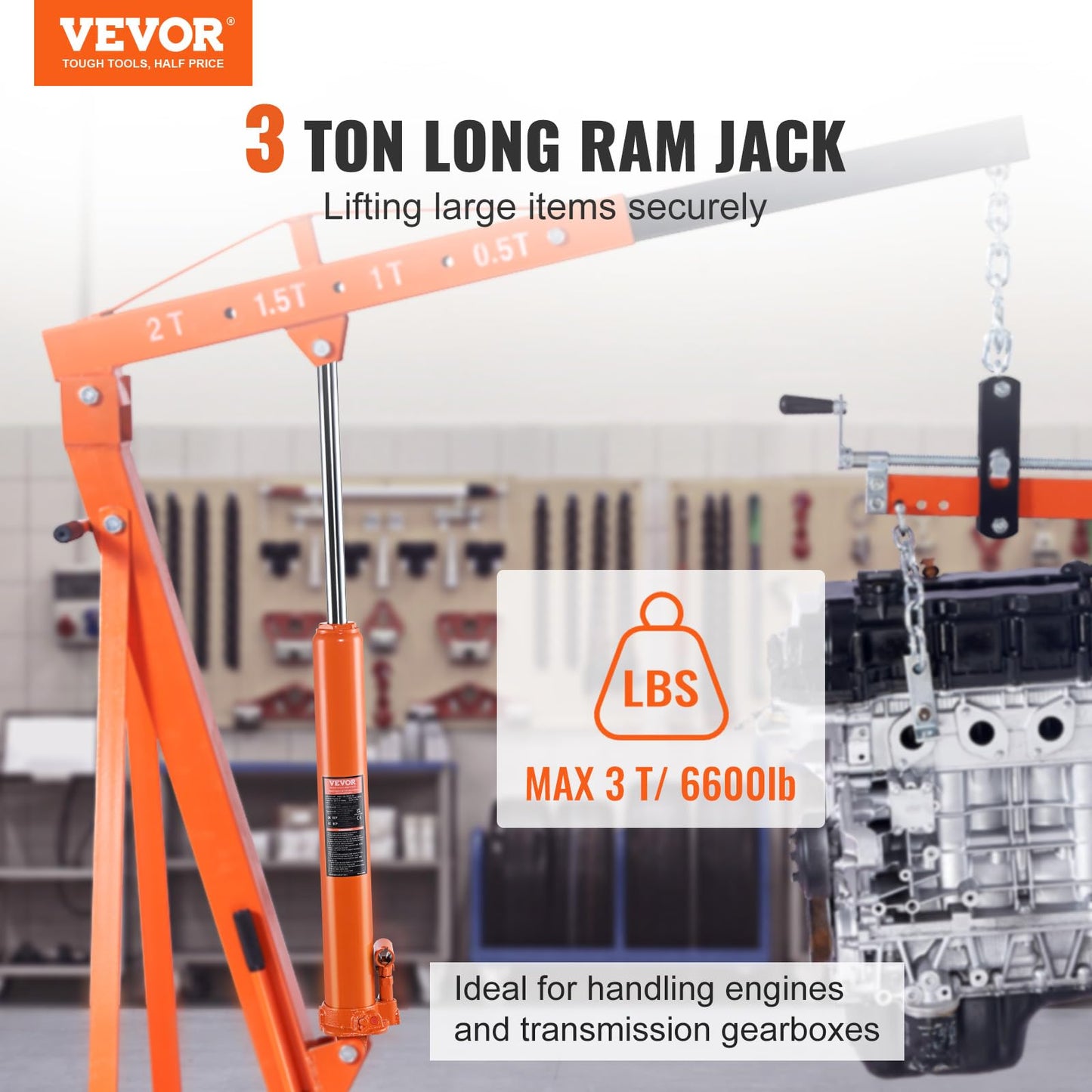 VEVOR Hydraulic Long Ram Jack, 3 Ton Engine Hoist Cylinder with Single Piston Pump and Clevis Base, for Engine Lift Hoists, Garage/Shop Cranes, Mechanical, Farm