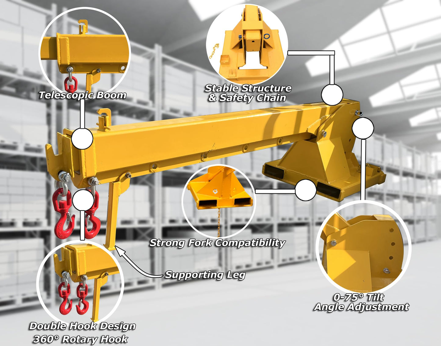 INTSUPERMAI Forklift Jib Boom Crane with Adjustable Tilt Angle 3 Ton / 6600 LB Forklift Mobile Crane Adjustable Forklift Crane Attachment with Truss Hoist Jib Boom Hook Max 12.14ft/3.7m Length