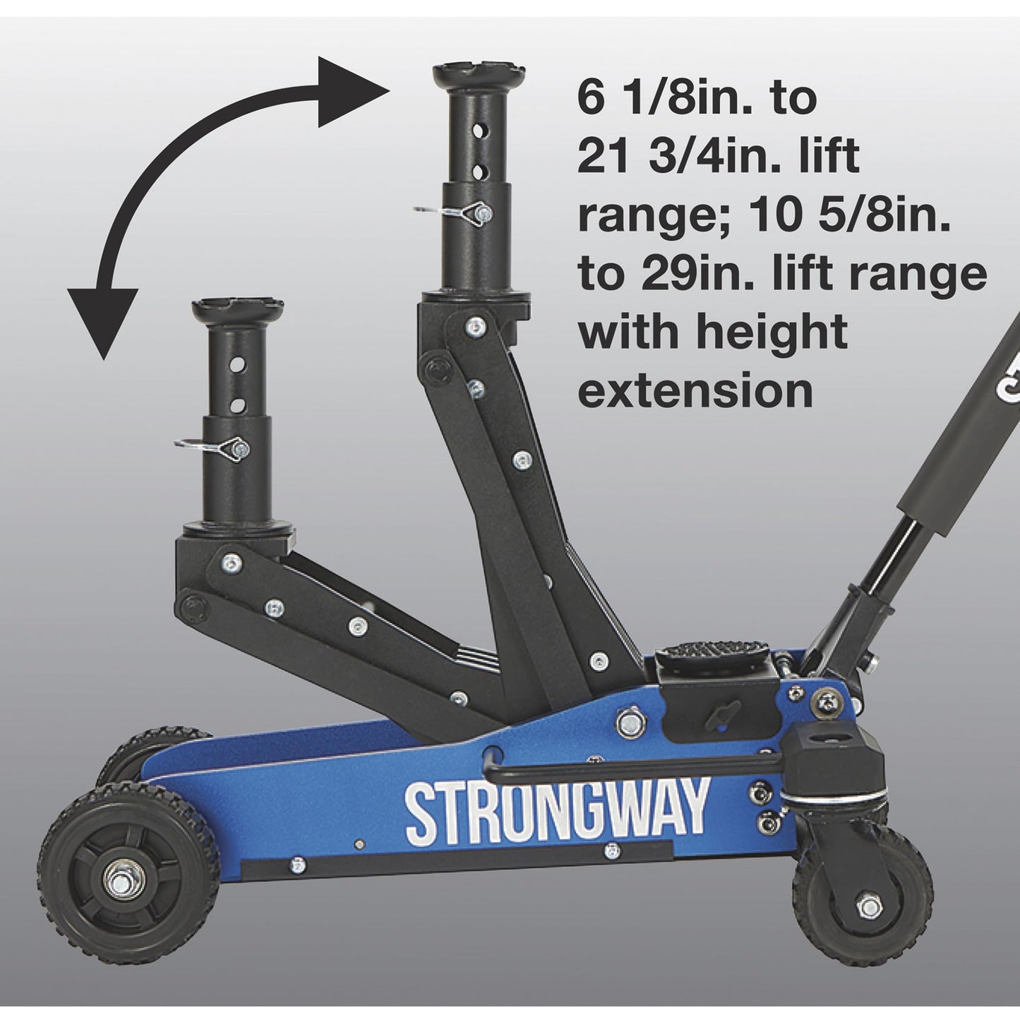 Strongway Professional Aluminum Off-Road Jack, 3 Ton 6000 Lb Capacity, 29 in. Lift Height, Steel Skid Plate, Quick-Change Saddle, 360 Degree Swivel Casters, for Trucks, SUVs, ATVs and UTVs