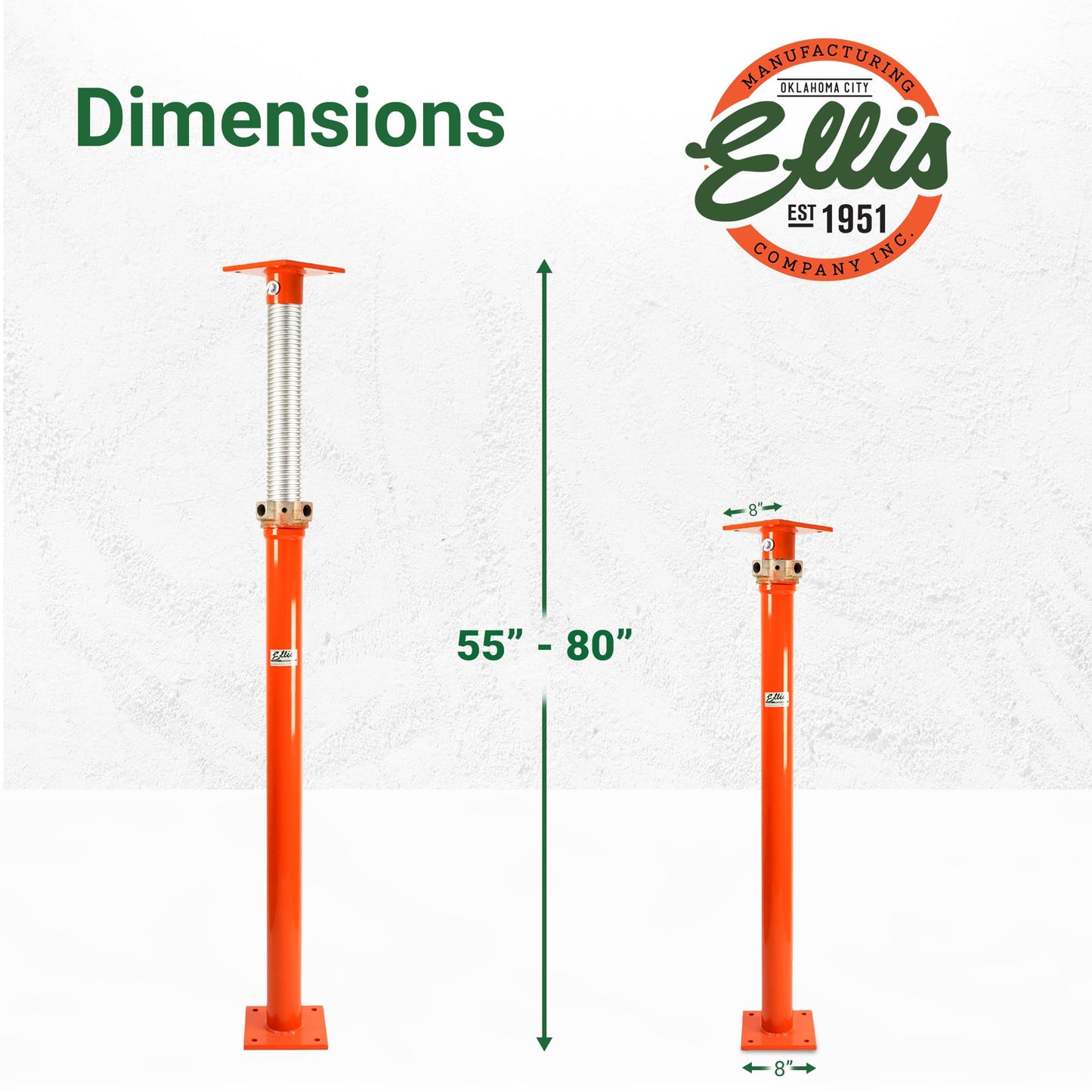 ELLIS Heavy-Duty Adjustable Steel Shore – Permanent or Temporary Floor Support for Beams, Concrete, and Structural Repairs – 34,000 lb Safe Load Capacity – 55"-80" Adjustment
