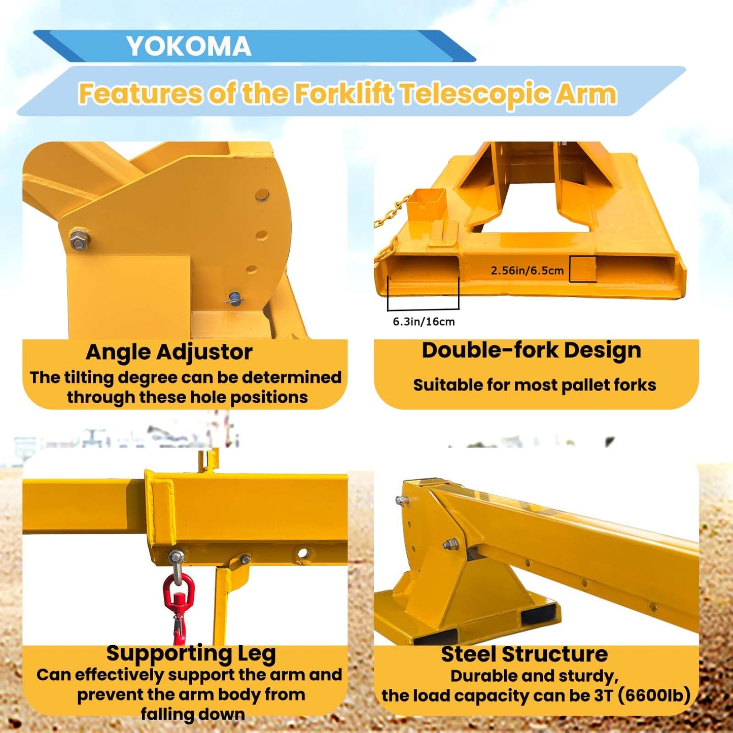 Yokoma 3000KG/6600LB Forklift Jib Boom Mobile Crane, Industrial Lifting Telescoping with 0-75° Adjustable Tilt Angle, 2 Lifting Hooks Hoist, Telescopic Booms Attachments for Towing Handling Equipment