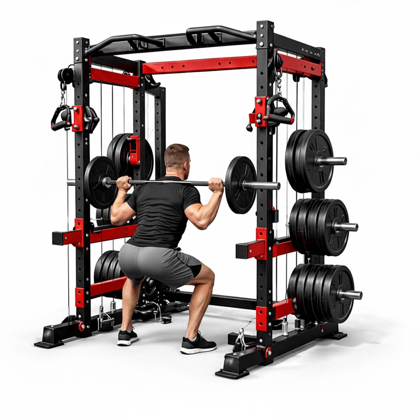 Ckajuoau Smith Machine Black and Red, 3500 lbs Capacity, Alloy Steel and Aluminum, 68" W x 65" D x 90" H, Dual 176 lb Weight Stacks with Cable Crossover
