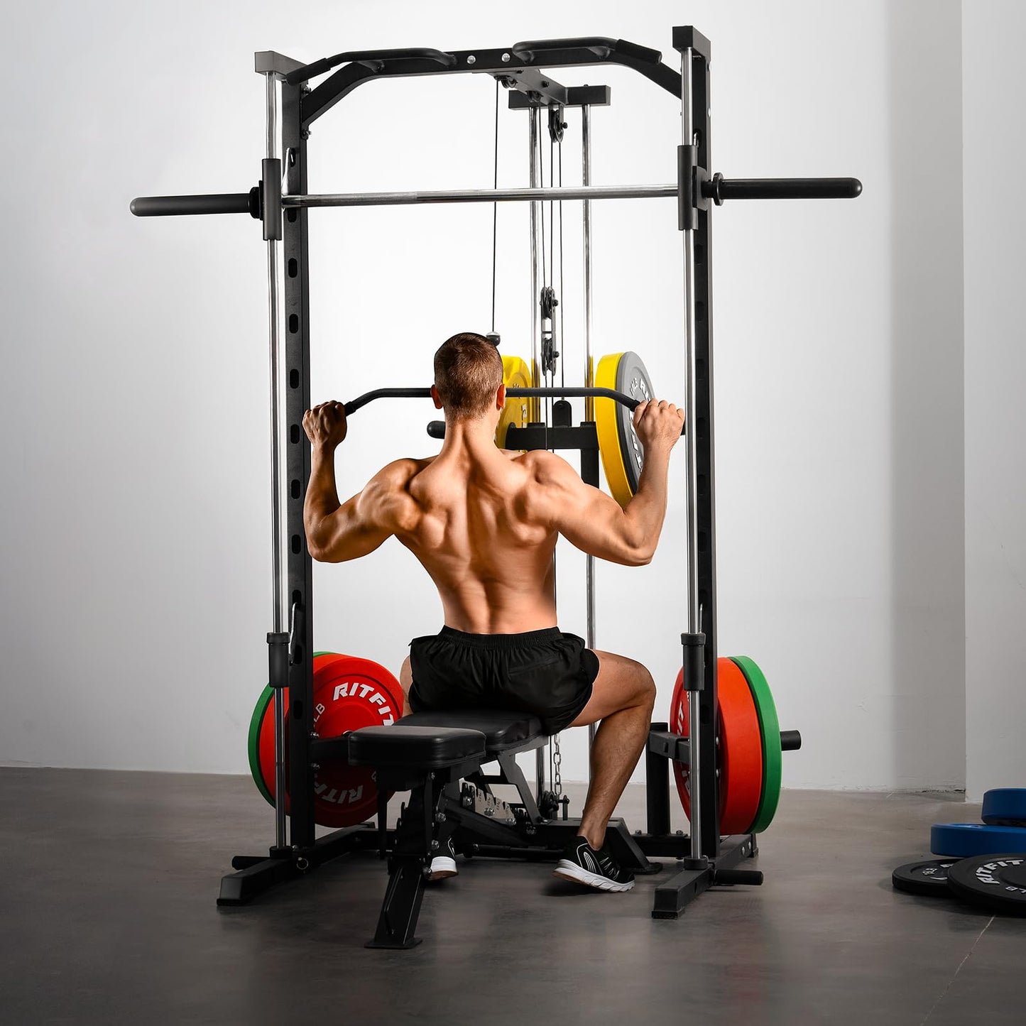 RitFit Smith Machine Power Rack with LAT-Pull Down System, Landmine, Barbell Bar, Plate Storage Pegs and More Training Attachment, 1000 LBS Multifunction Squat Rack for Home Gym