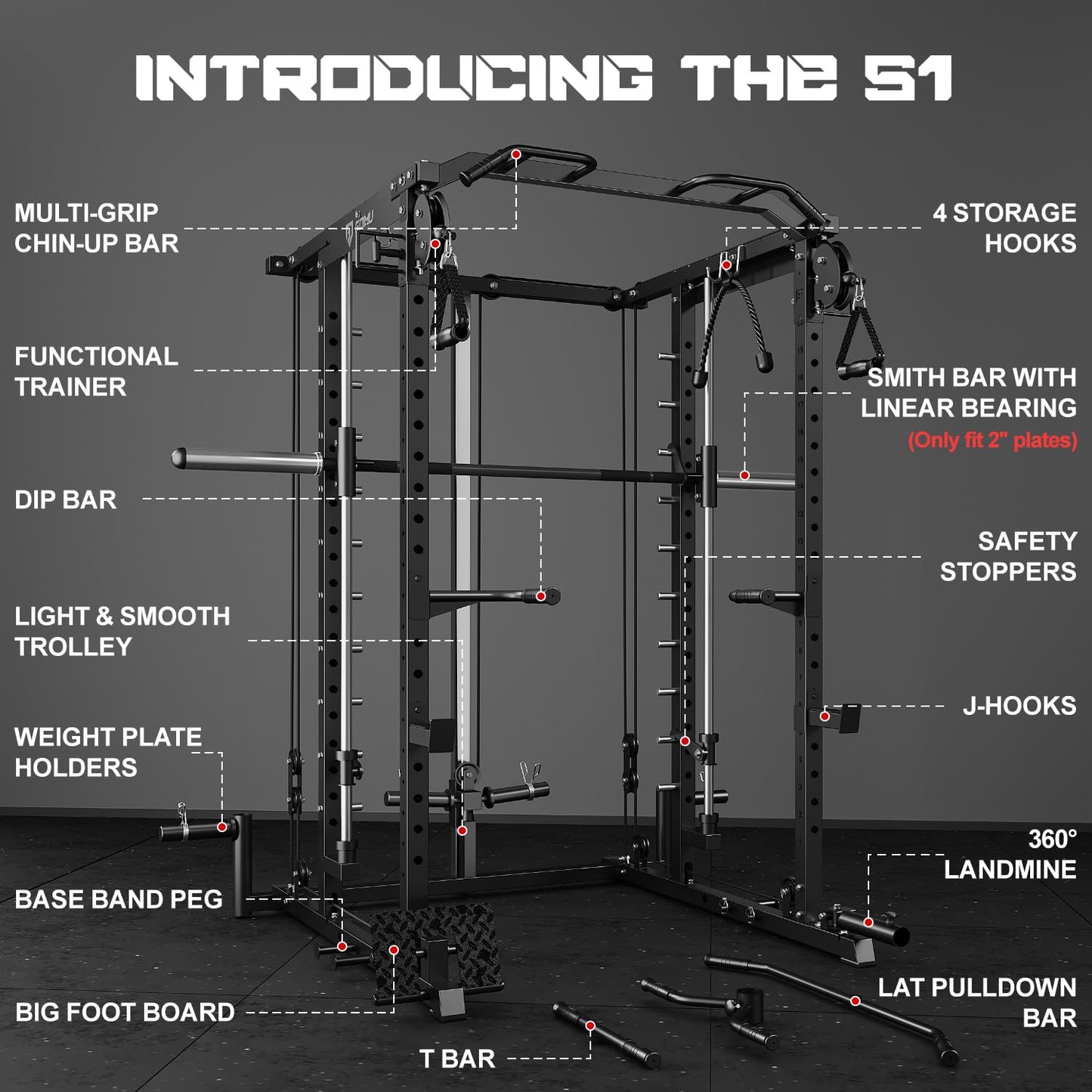Goimu S1-V4 Smith Machine, 2000LBS Power Cage with Cable Crossover System, All-in-One Squat Rack with Smith Bar, Strength Training Equipment for Hone Gym (Black Smith Machine wiht 340lb Weights&Bar)