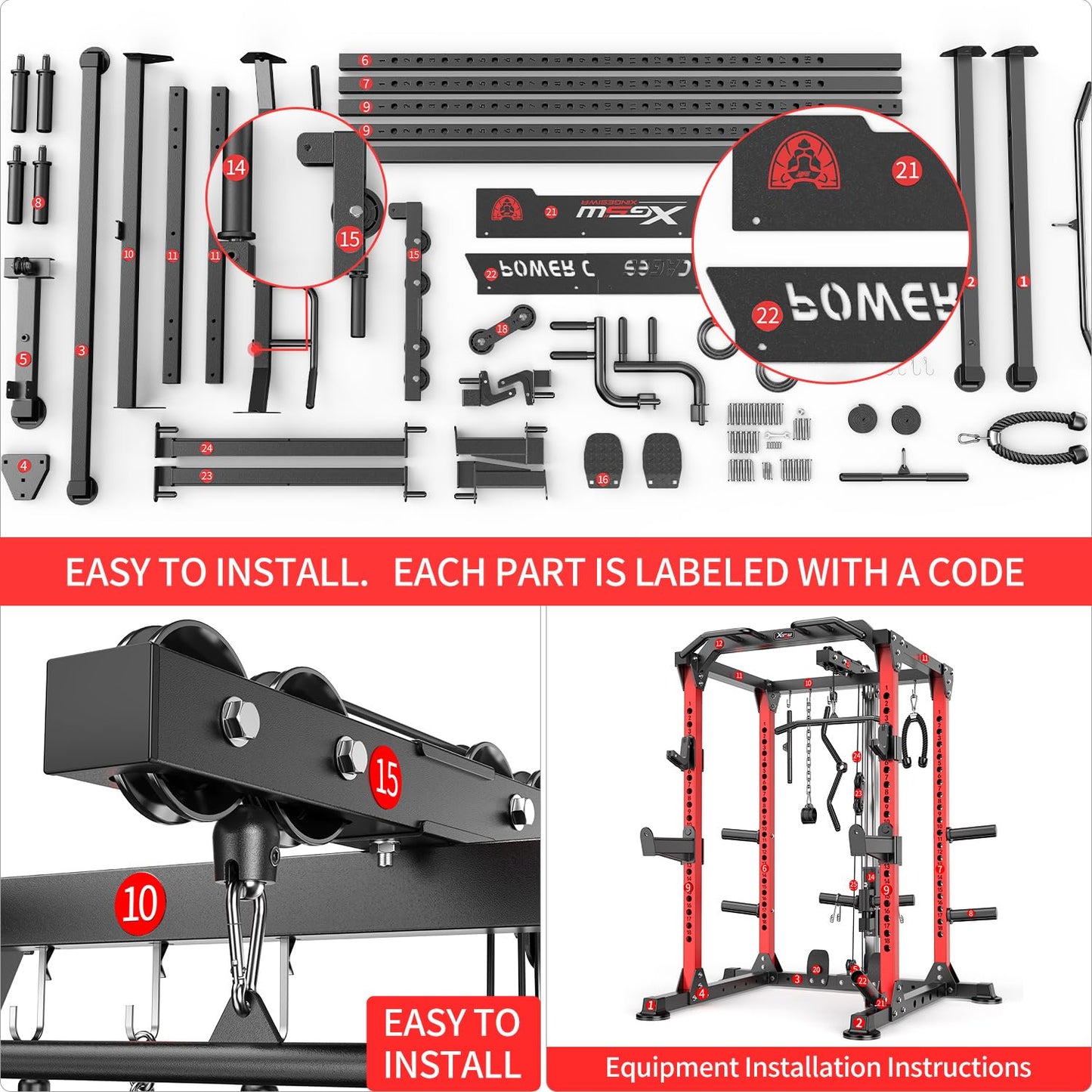 XGSW XINGESIWR Multi-Purpose Squat Rack,Smith Machine Weight Rack Set with Cable Crossover System, Home Gym Power Racks, Power Racks and Packages (L01, Power cage Red+Bench+Color BP 230LBS)