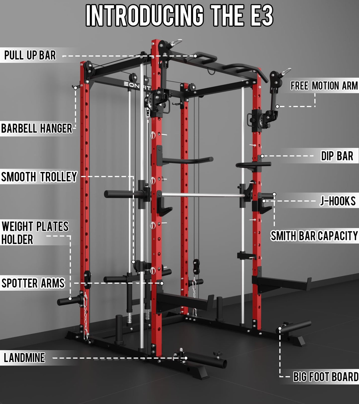 Eonfit E3 Smith Machine with 3D Rotating Arm for Home Gym Equipment, Multi-Function Power Cage Squat Rack with Cable Crossover LAT Pulldown Pulley System All in One (RED, PRO)