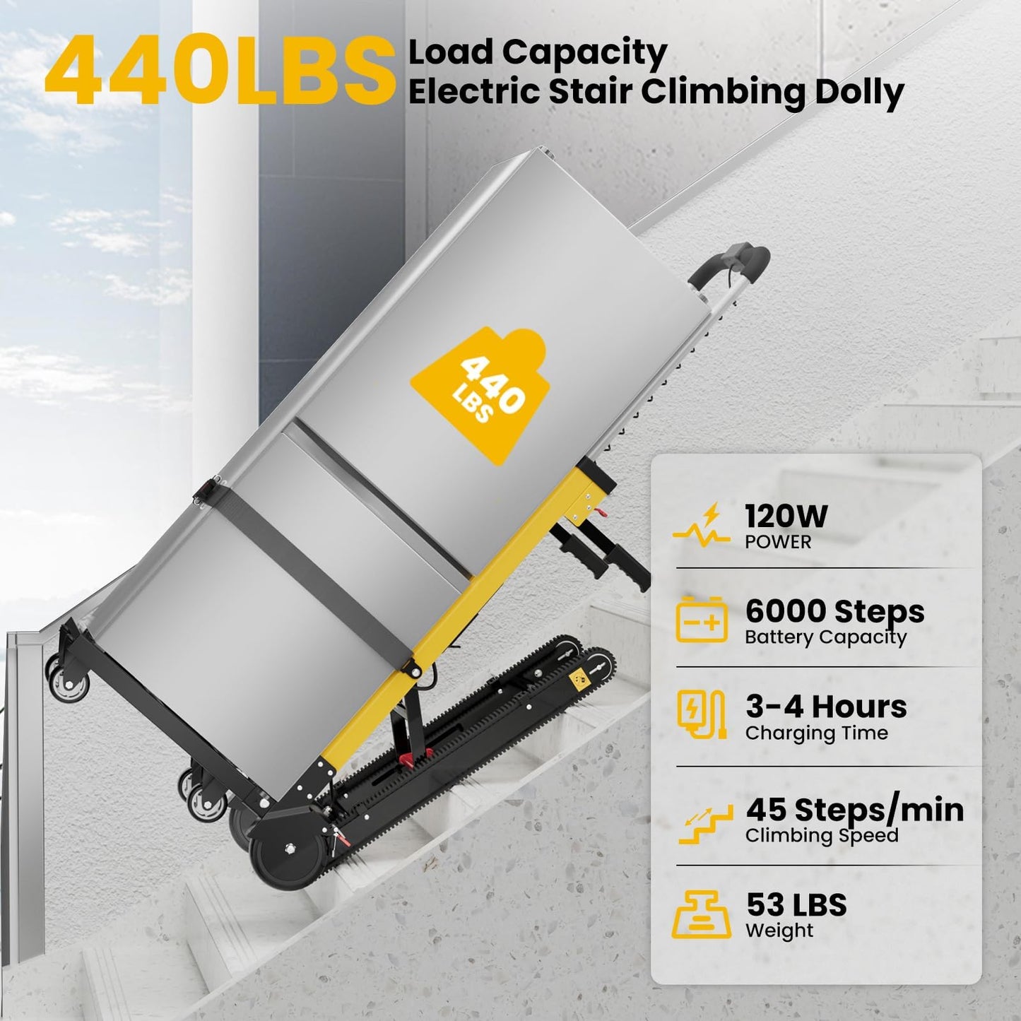 Riosoc Electric Stair Climbing Dolly, Heavy Duty, Powered Stair Climber Dolly Cart with 6 Wheels Motor Powered for Furniture Logistics Warehouse, Yellow
