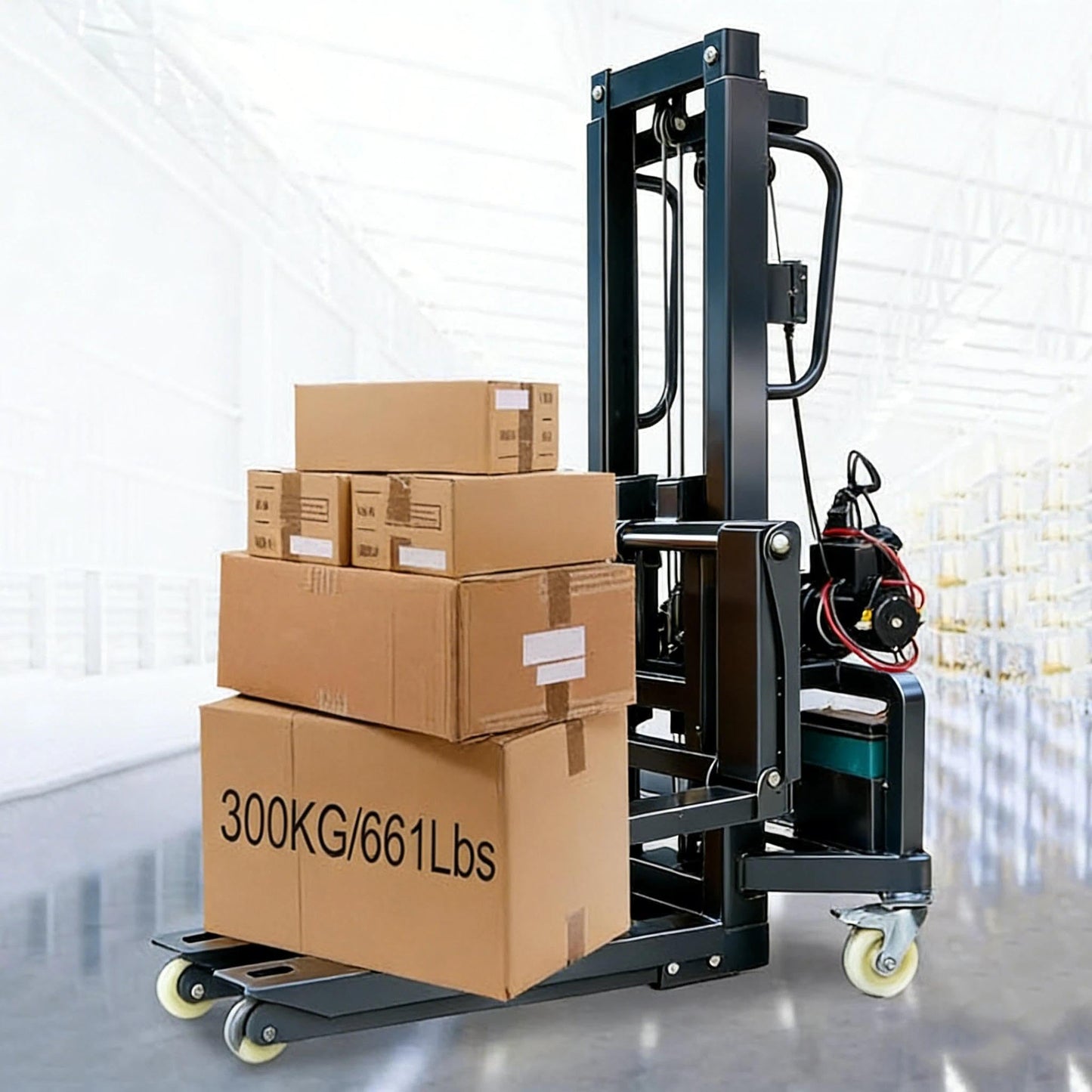Electric Pallet Stacker Lift, 661 lbs Capacity, 63 Inch Lift Height, Material Lifts Truck with Electric Forks for Warehouse, Factory, Logistics(1.6 m)