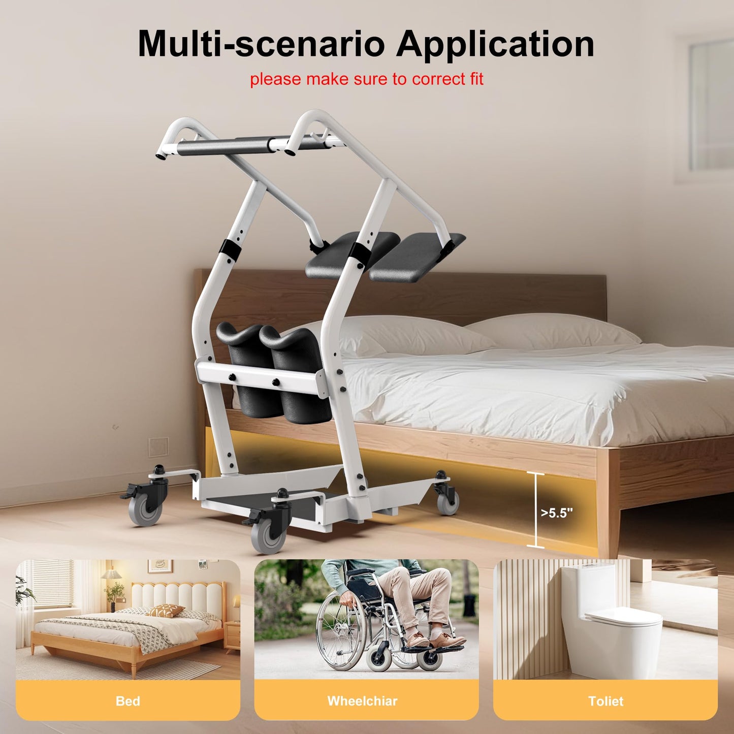 WHLICKS Stand Assist Lift, Sit to Stand Patient Transport Chair for Elderly, Lift Chair for Home Care Use Elderly Mobility Assist Transfer Device 5 Heights Adjustable for Seniors, Adults & Disabled