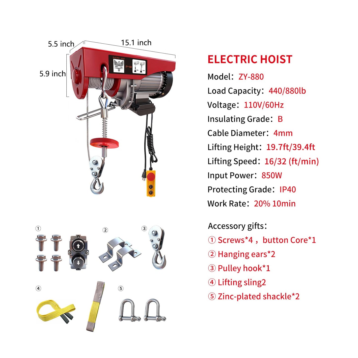 Electric Hoist, 880 lbs Electric Winch with 14 FT Wired Remote Control, Electric Hoist 110 Volt with 20-40 FT Lifting Height for Garage Warehouse Factory