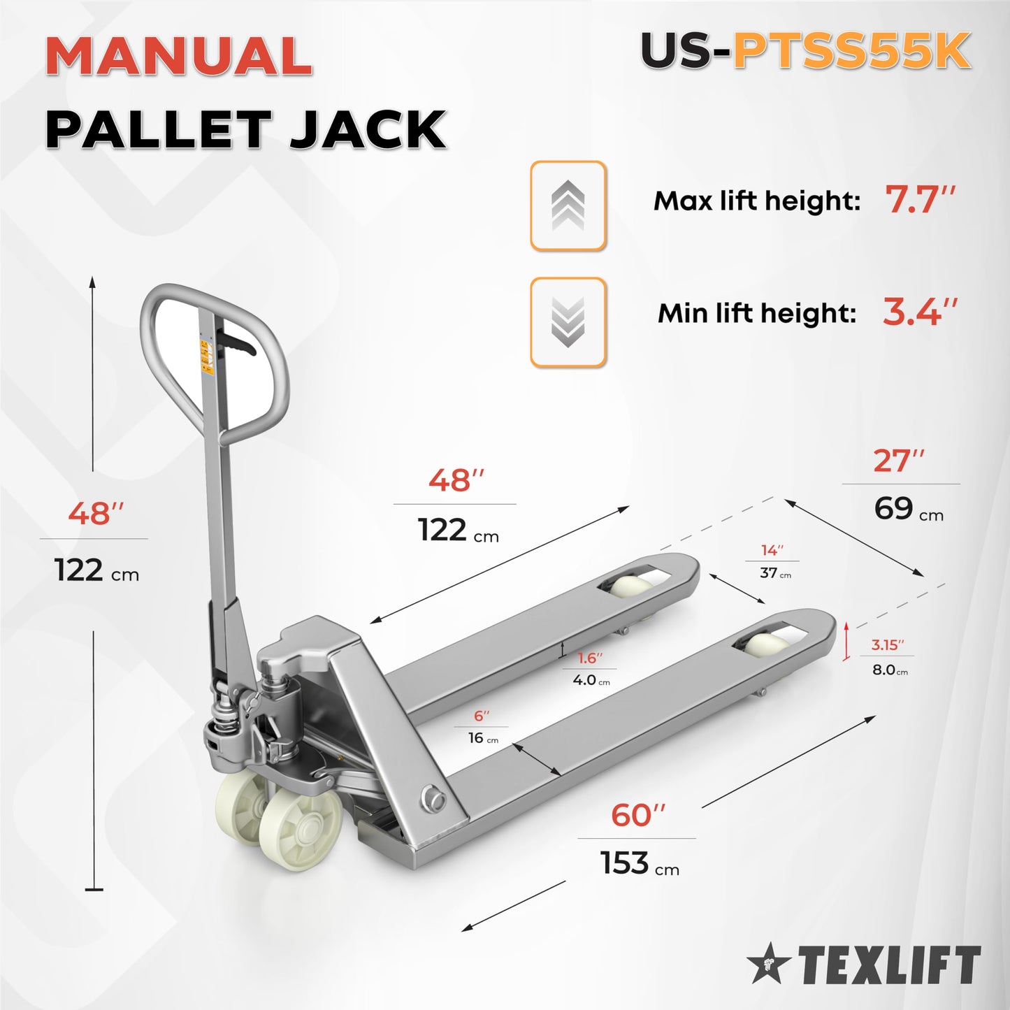 Industrial Stainless Steel Manual Pallet Jack – Heavy Duty Pallet Truck 5500 Lb Capacity - 48” L x 27” W Fork Size – Hand Truck for Material Handling - Max Lift Height 8 Inch - (US-PTSS55K)