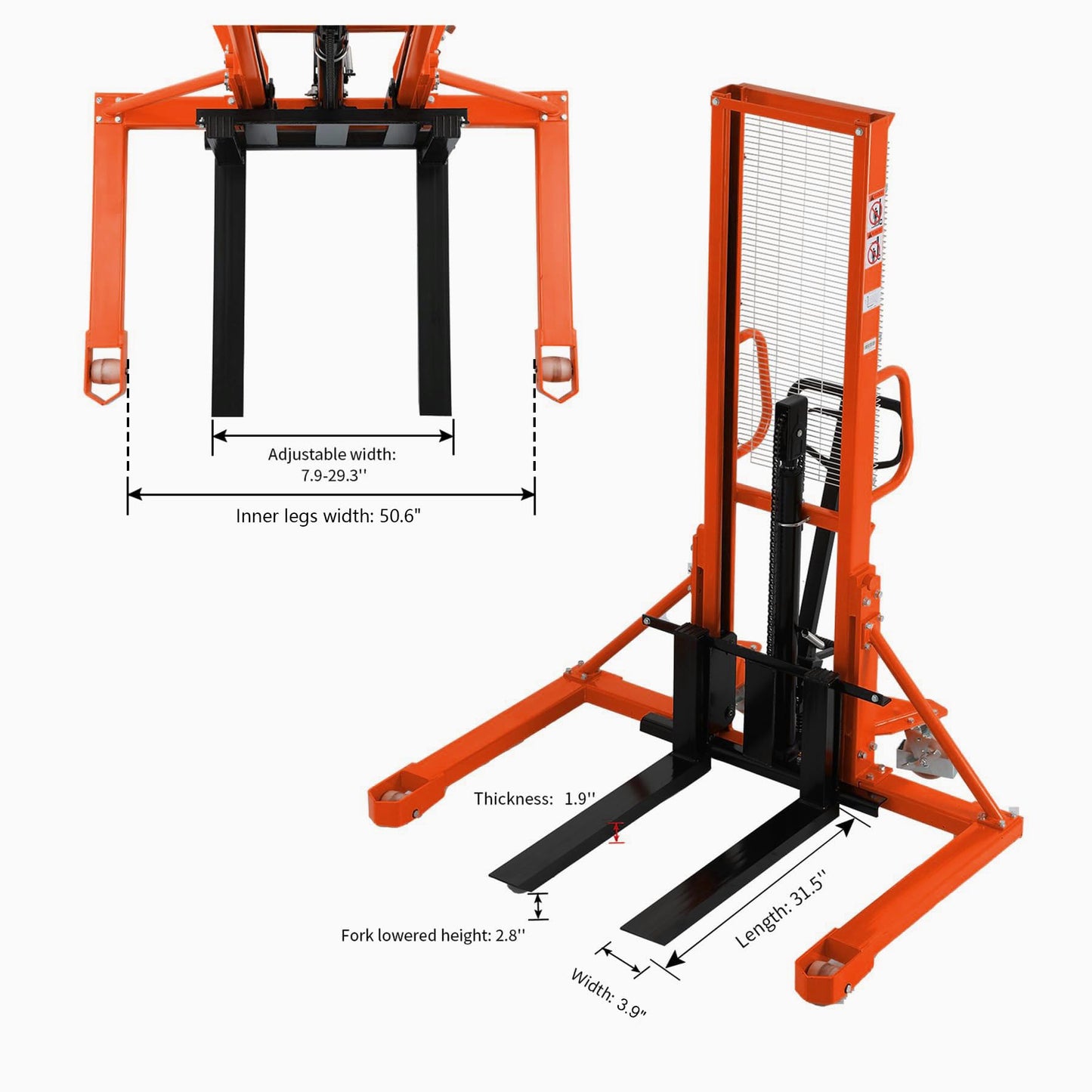 Tory Carrier Manual Pallet Stacker 1100lbs Capacity 63" Lift Height Material Lift Truck, Hand Forklift Truck with Straddle Legs & Adjustable Forks