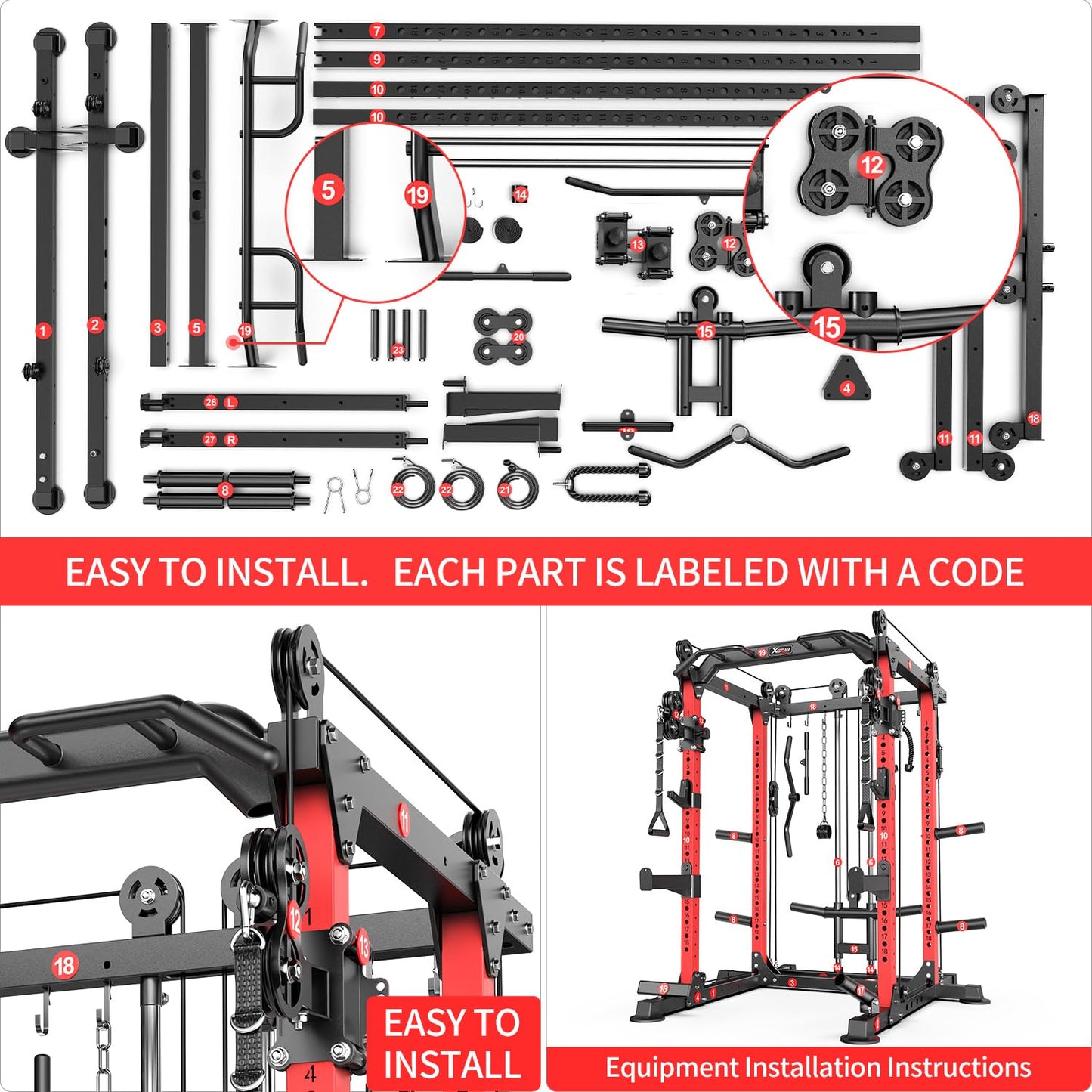 XGSW XINGESIWR Multi-Purpose Squat Rack,Smith Machine Weight Rack Set with Cable Crossover System, Home Gym Power Racks, Power Racks and Packages (L02, Power cage Red+Bench+Cast lron 220LBS)