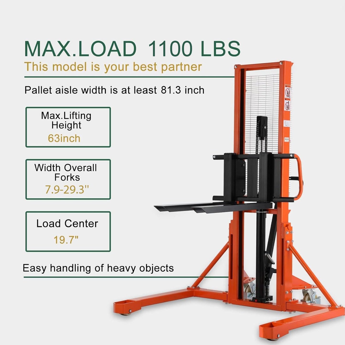 Tory Carrier Manual Pallet Stacker 1100lbs Capacity 63" Lift Height Material Lift Truck, Hand Forklift Truck with Straddle Legs & Adjustable Forks
