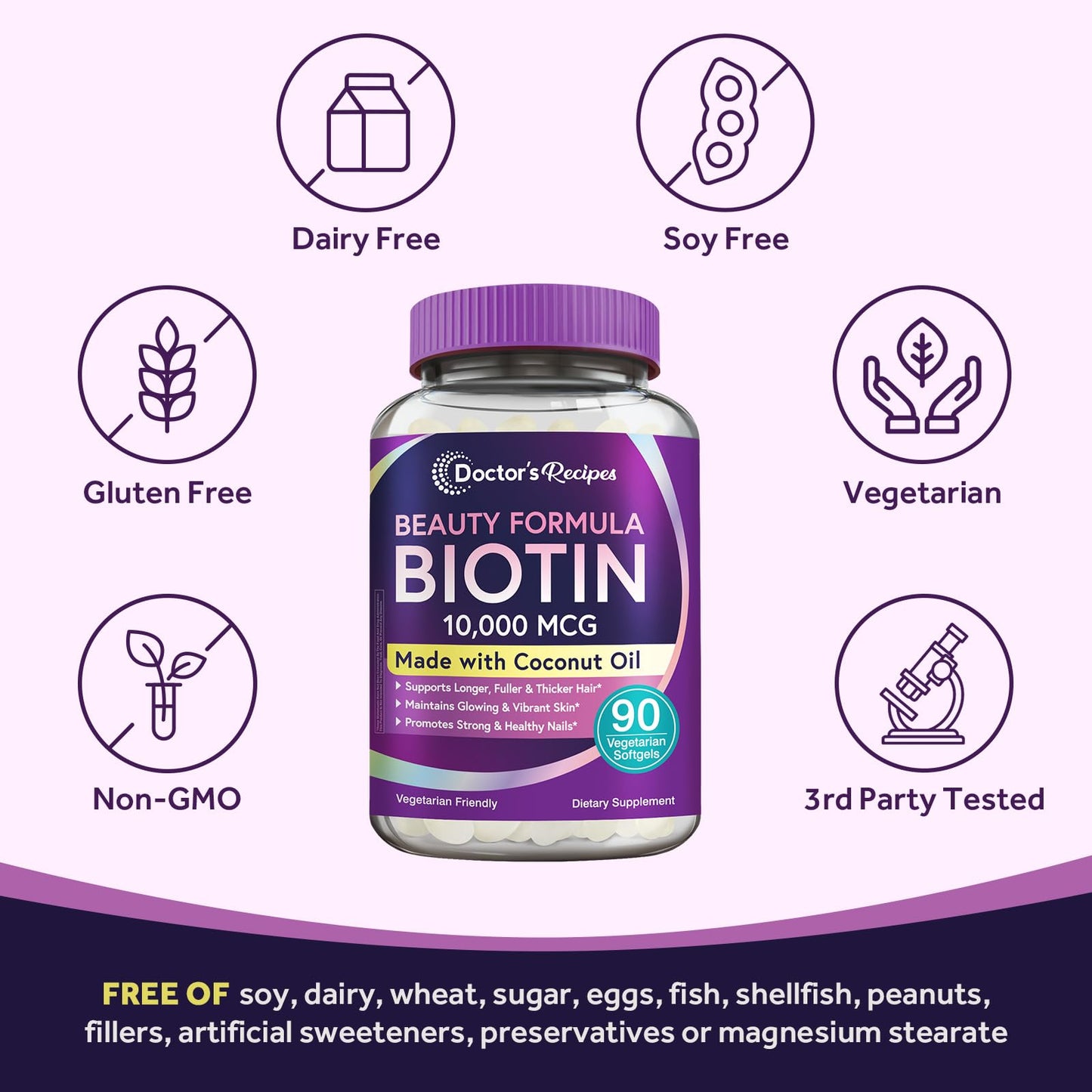 Doctor's Recipes Biotin 10,000 mcg, Hair Growth, Healthy Skin & Nails, Energy Metabolism, Vegetarian-Friendly Biotin, with Coconut Oil, Non-GMO, 3 Month Supply, 90 Vegetarian Softgels