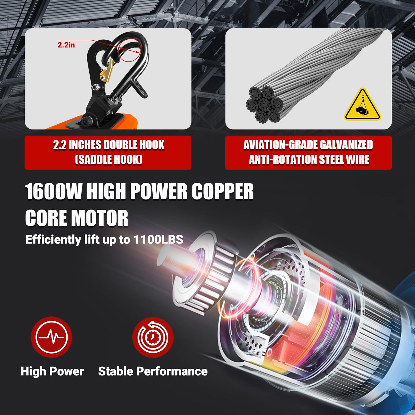 SENKEYFE PRO Power Electric Portable Hoist Winch, 30FT Electric Cable Hoist 1100LBS 1600W 110V/120V with 2 Wireless Remote Control Lifting Strap, Electric Hoist Lift Ceiling Winch for Lifting Towing