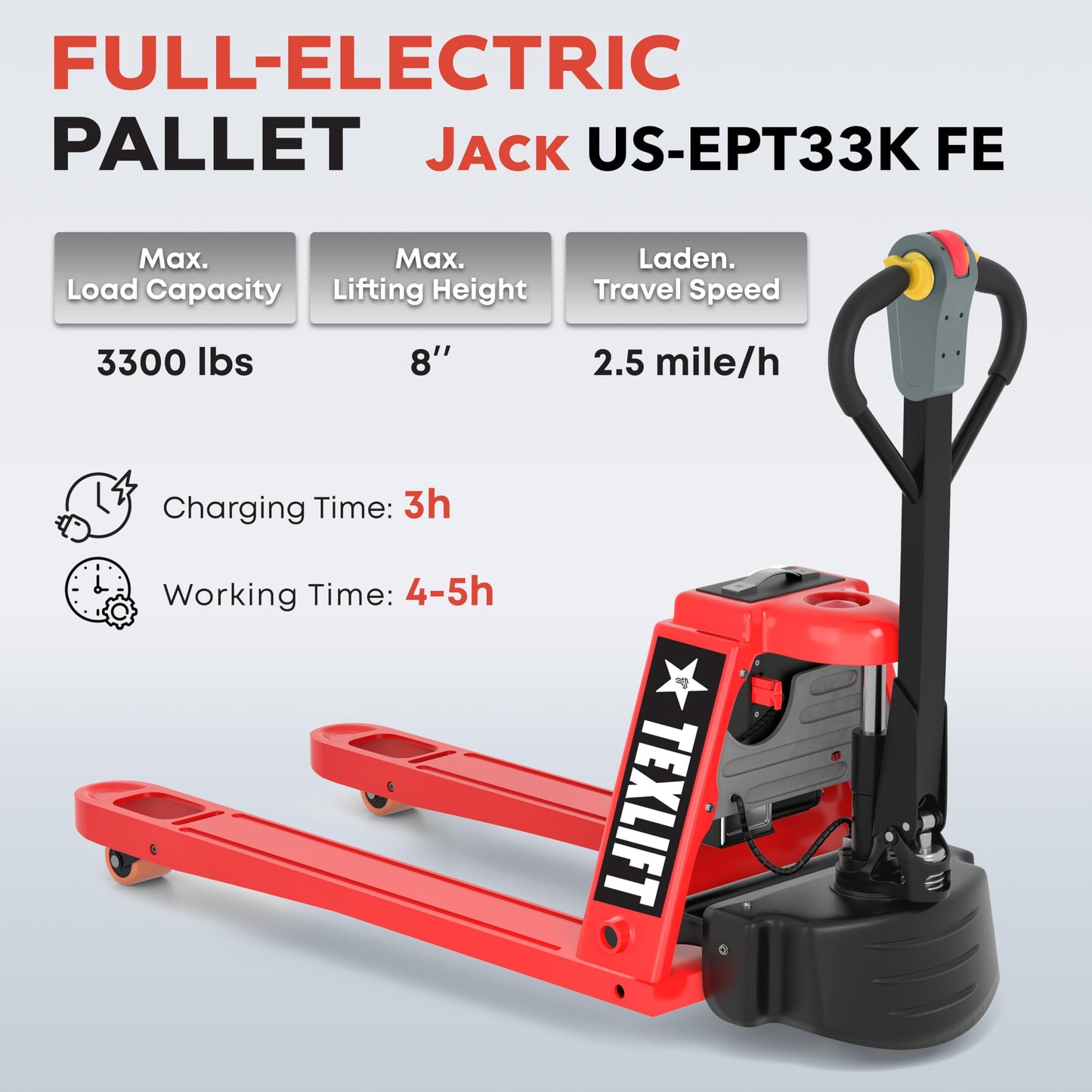TEXLIFT Full Electric Power Pallet Jack – Standard Duty Pallet Truck 3300 Lb Capacity, 48” L x 27” W Fork Size, Plug-in 48V/15A Lithium Battery – Max Lift Height 7.8 Inch - (US-EPT33K-FE) - 2 Pack