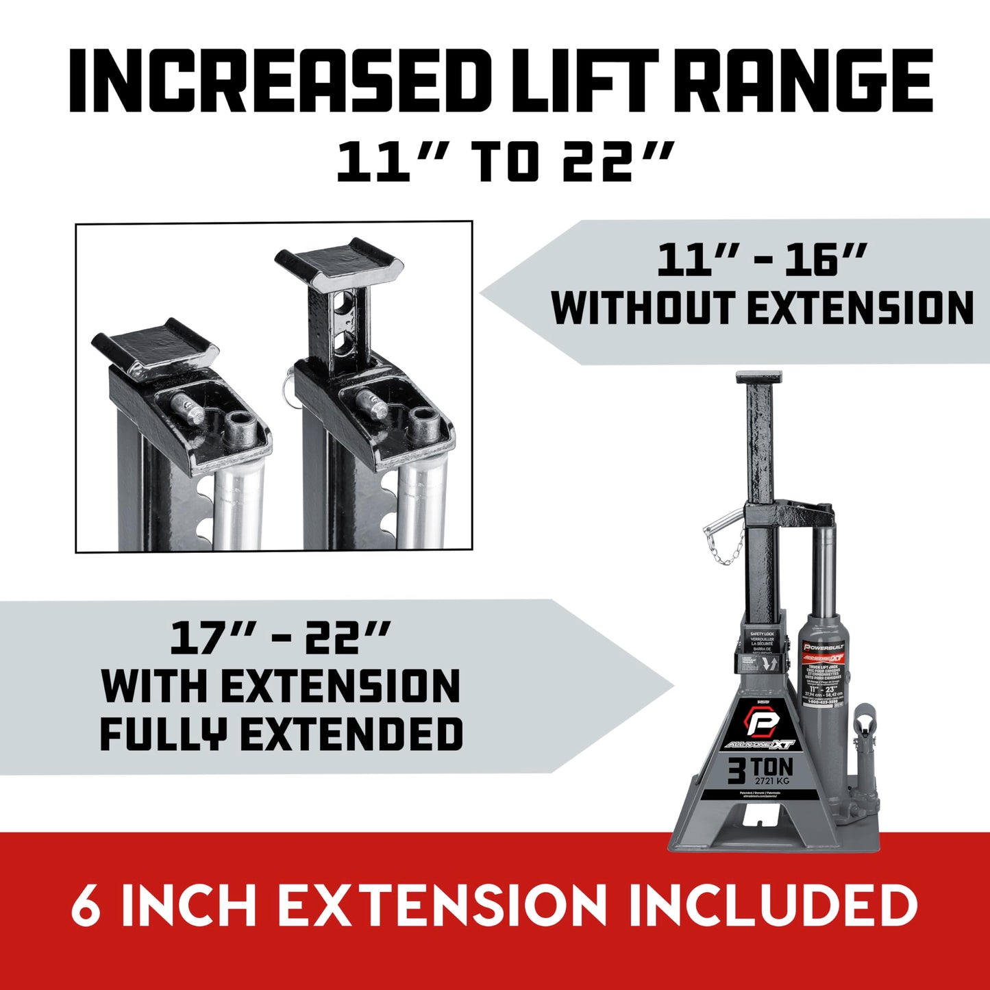 POWERBUILT 3 Ton All-in-One Hydraulic Bottle Jack and Jackstand in One, Compact, Wide Base, 11-21 inch Range, Eliminates Jackstands, for Trucks, SUVs, RVs, Trailers, Not for Sedans (Grey) 640912GY