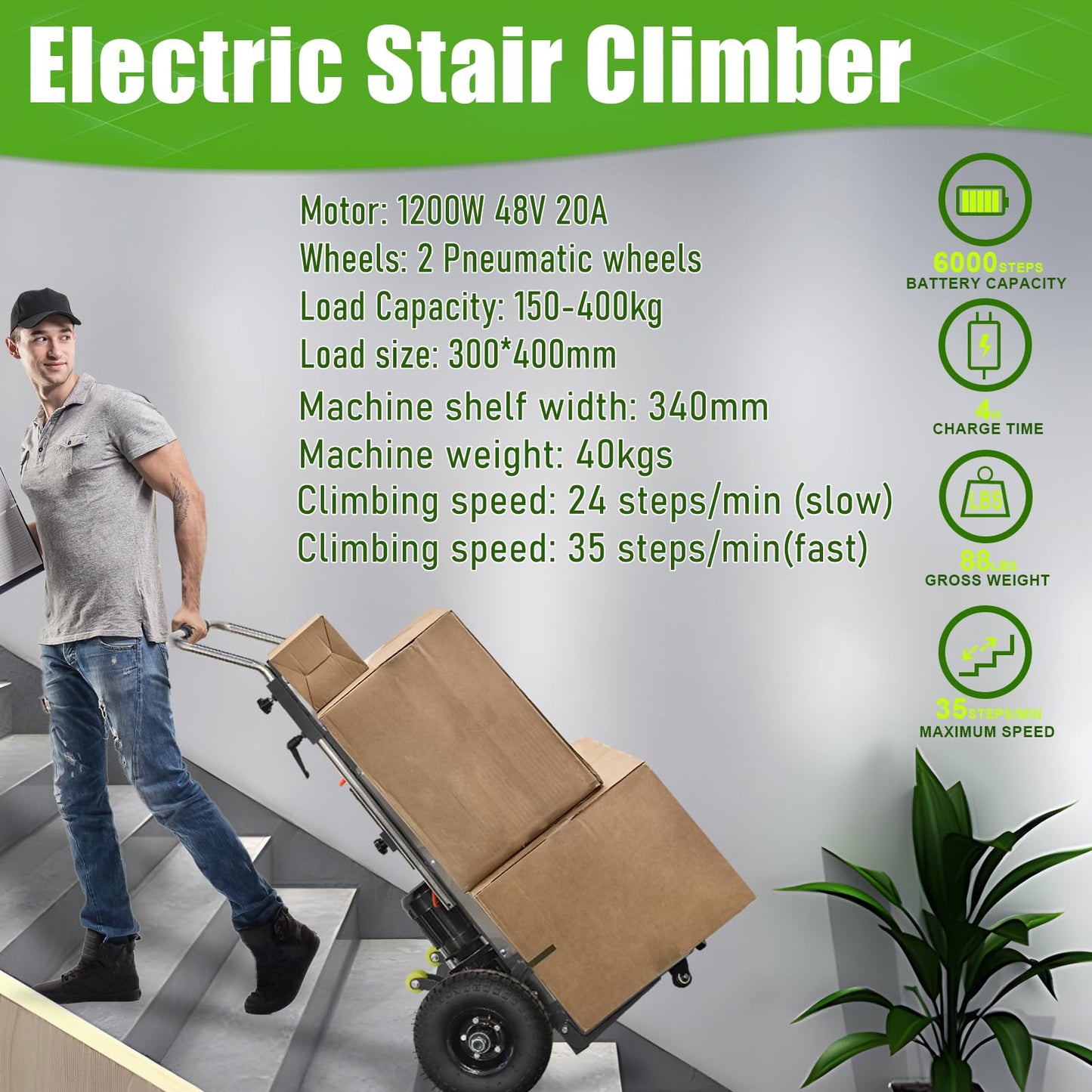 ZLPOWER Electric Stair Climbing Dolly 1200W Powered Hand Truck Dolly Cart for Moving 880lb Capacity Heavy Duty Stair Climber, Black Model