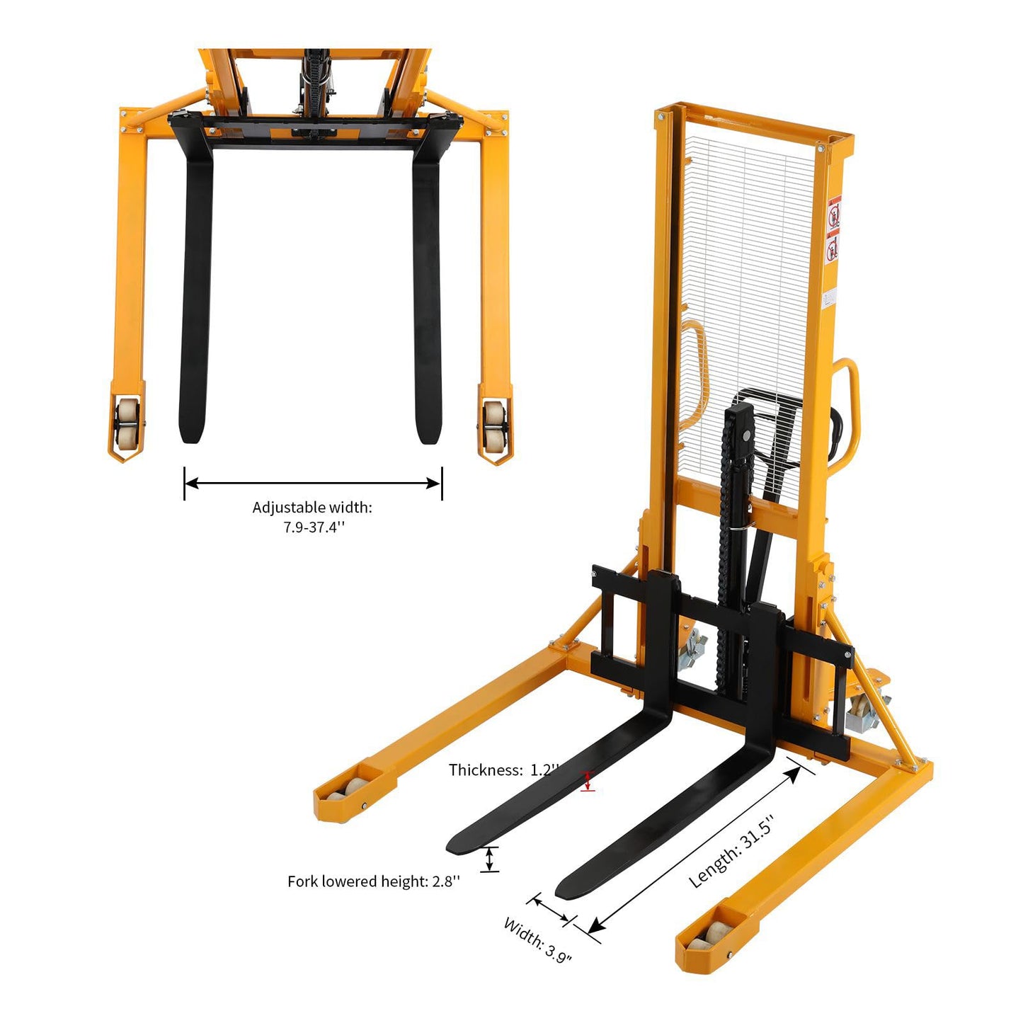 Aequanta Manual Pallet Straddle Legs Stacker 2200lbs Capacity 63" Lifting Height Material Lifter with Adjustable Forks