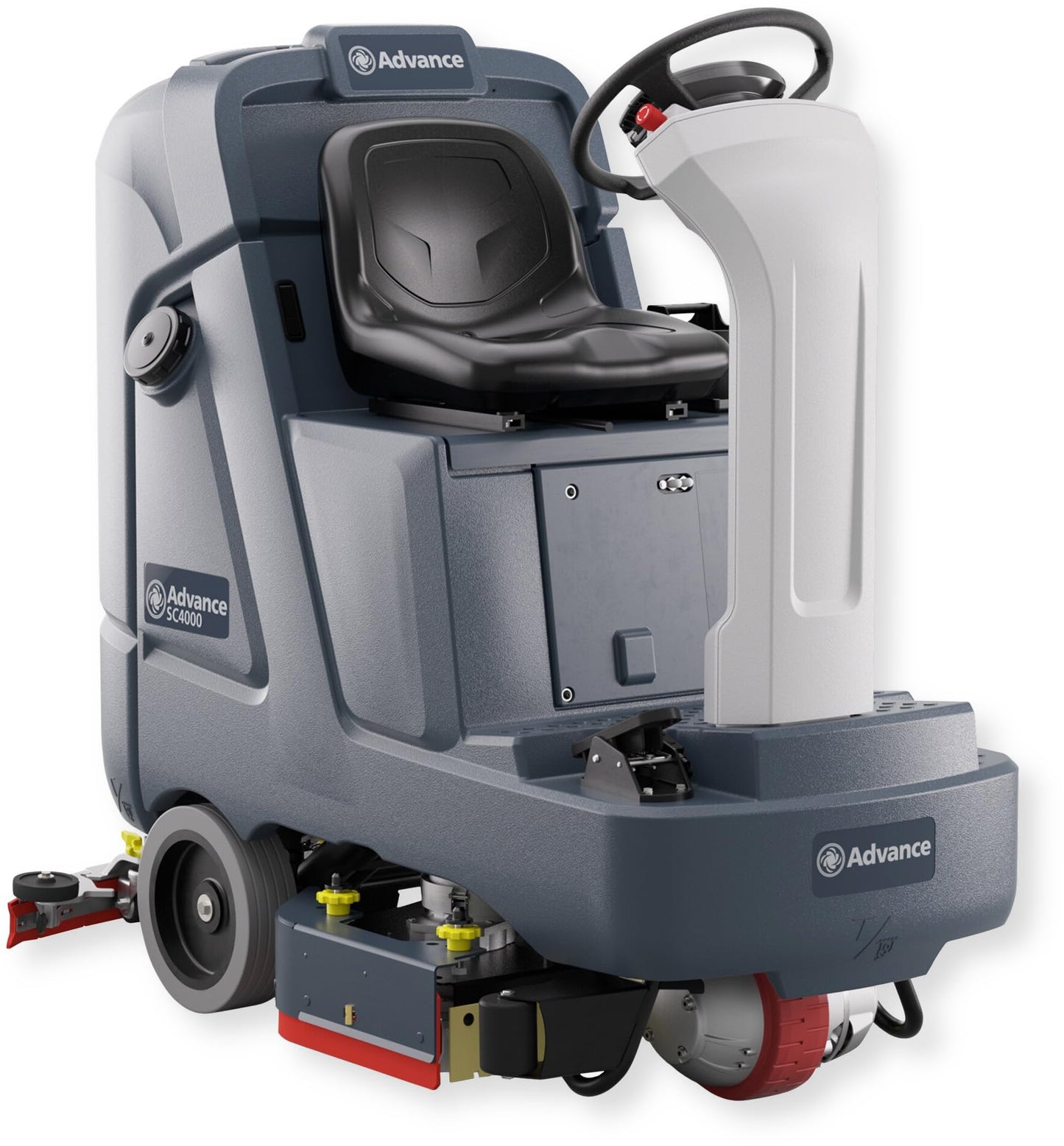 Advance 56120023 Model SC4000 28D Commercial Ride On Floor Scrubber Dryer, 28 Inch Disc Cleaning Path, Battery Powered, 36V System, 220 Ah Wet Batteries, Onboard Charger, Pad Holders