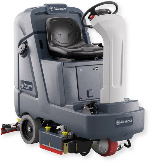 Advance 56120023 Model SC4000 28D Commercial Ride On Floor Scrubber Dryer, 28 Inch Disc Cleaning Path, Battery Powered, 36V System, 220 Ah Wet Batteries, Onboard Charger, Pad Holders