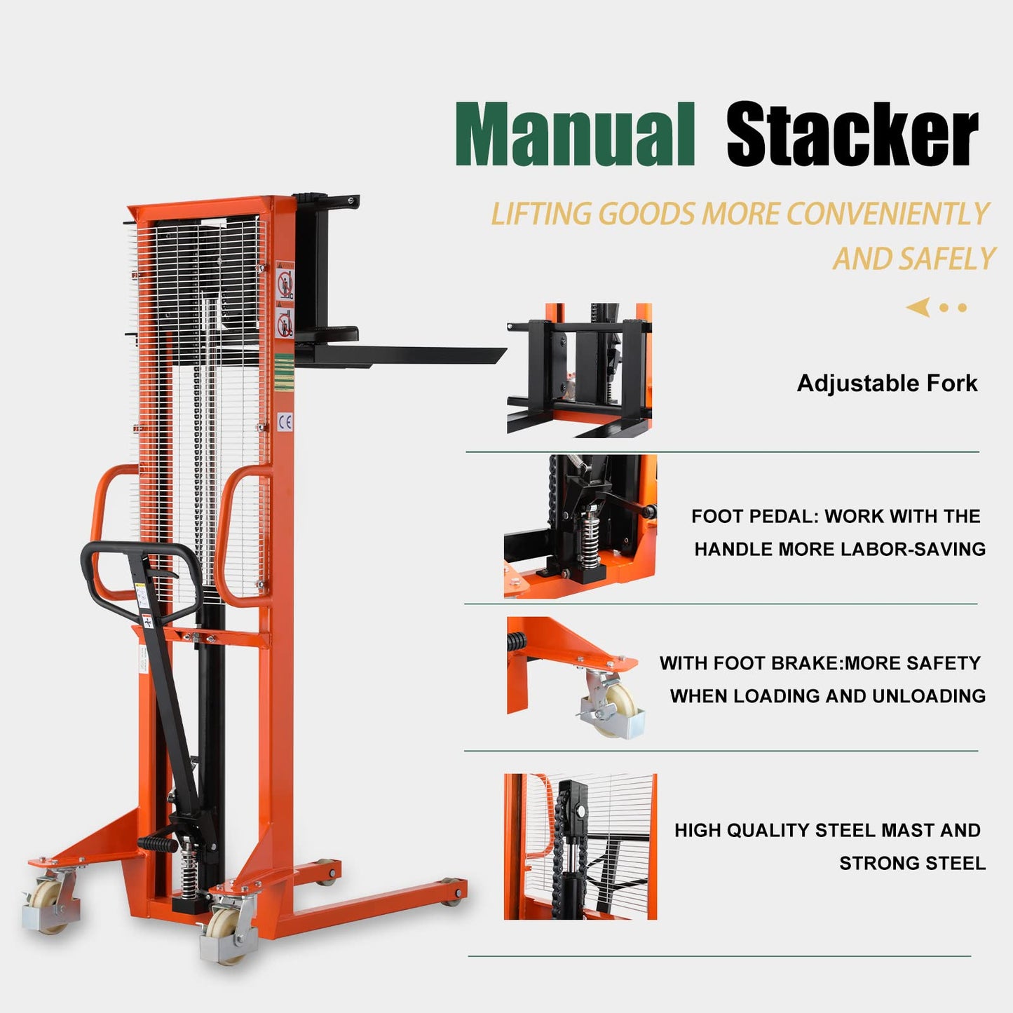 Tory Carrier Manual Stacker, Material Lifts, Hand Pallet Forklift 1100 lbs Capacity 63" Lift Height with Adjustable Forks and Fixed Legs for Open Bottom Pallets