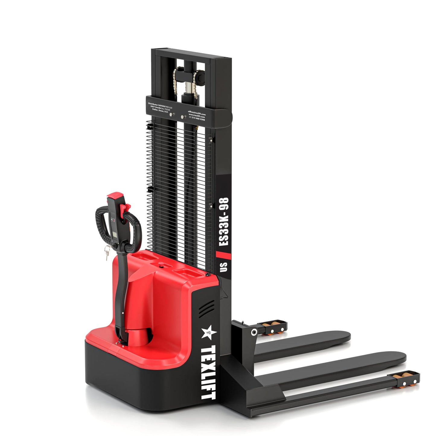 TEXLIFT Full Electric Forklift Walkie Pallet Stacker with Fixed Straddle Legs and Adjustable Forks 5.50 Inch to 27 Inch – Material Lifter 3300lbs Capacity 8 Ft/98 Inch Lifting Heights - (US-ES33K-98)
