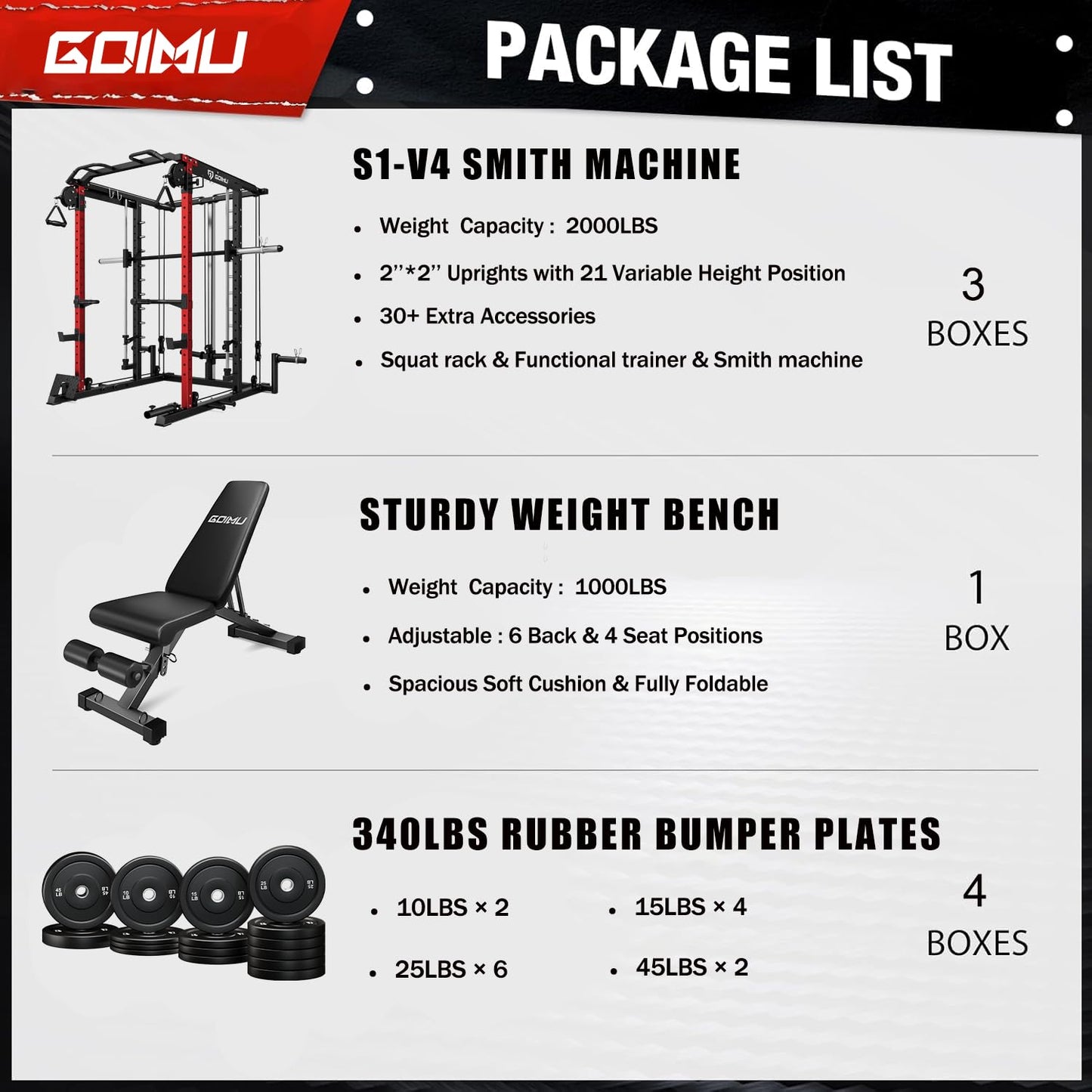 Goimu S1-V4 Smith Machine, 2000LBS Power Cage with Cable Crossover System, All-in-One Squat Rack with Smith Bar, Strength Training Equipment for Hone Gym (Red Smith Machine wiht 340lb Weights)