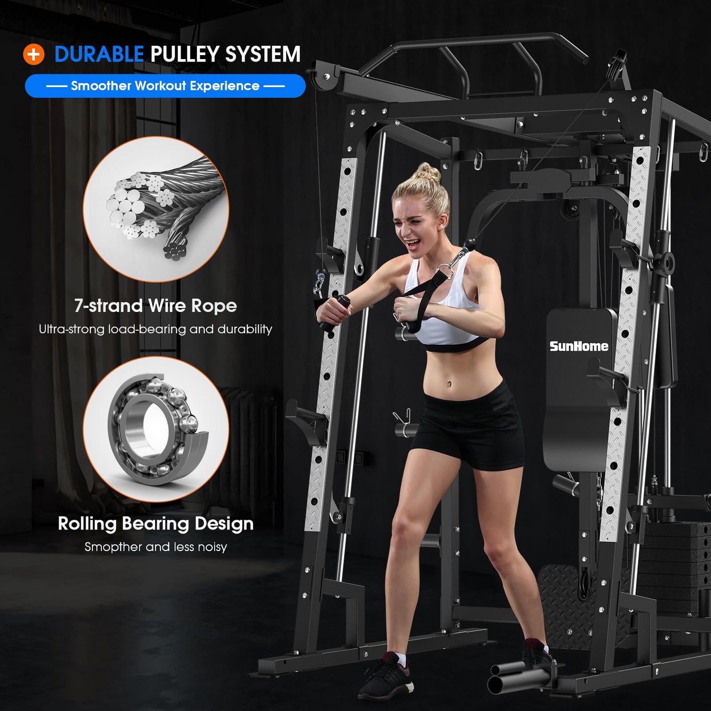 SunHome Smith Machine with 120LBS Weight Stack, 2000LBS Power Cage Squat Rack with Smith Bar, Two LAT Pull-Down Systems, Cable Crossover Machine and and More Cable Attachment for Home Gym