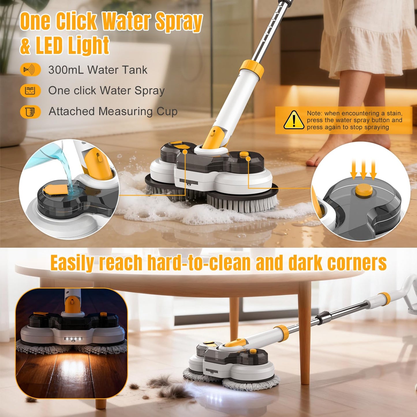 Cordless Electric Mop for Dewalt 20V Battery (NO Battery), 2 in 1 Spin Mop & Electric Floor Scrubber with LED Light & Water Spray, Electric Mops for Floor Cleaning, Hardwood,Tile (White Yellow)