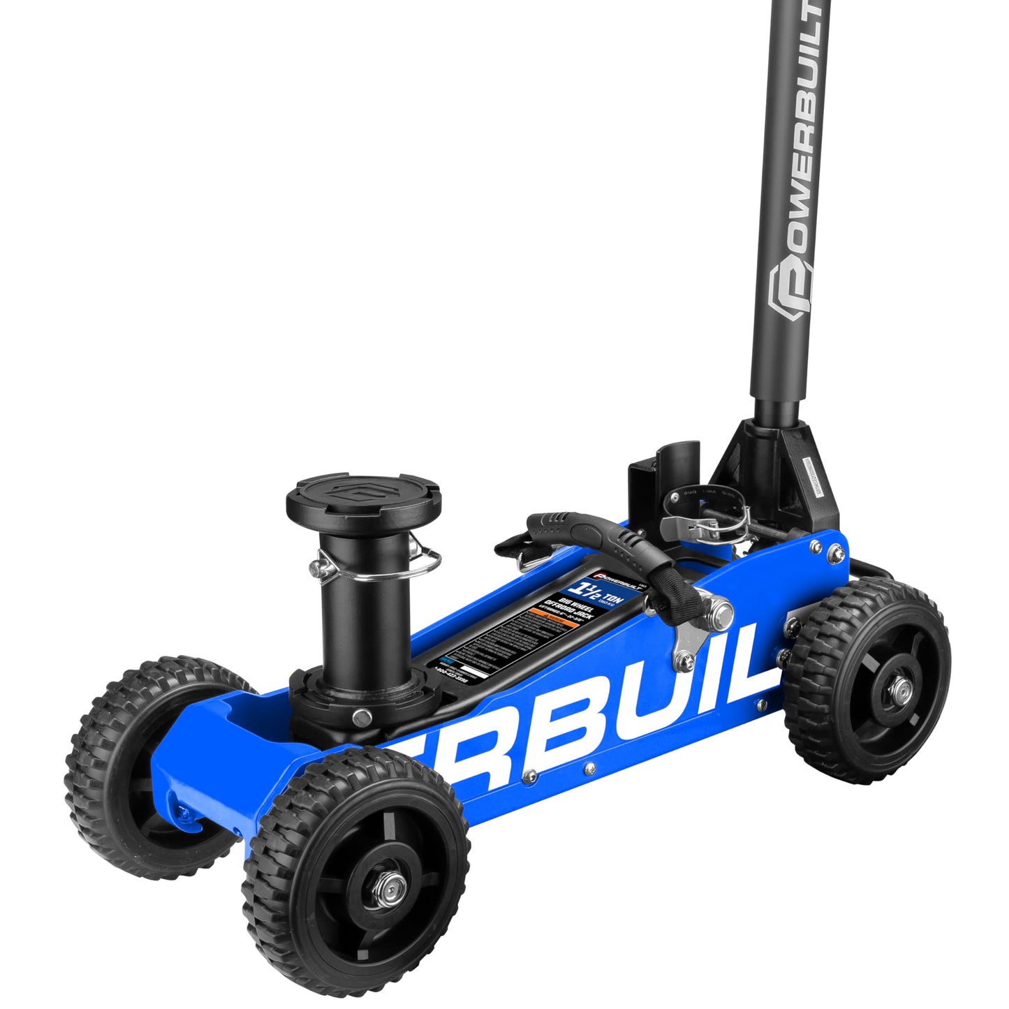 Powerbuilt 1.5 Ton Big Wheel Off Road Jack, Vehicle Lift for Trucks, SUVs, ATVs Offroad Vehicles, Oversized Wheels for Rugged Terrain, 3000 LB Capacity, Blue 620625ECE