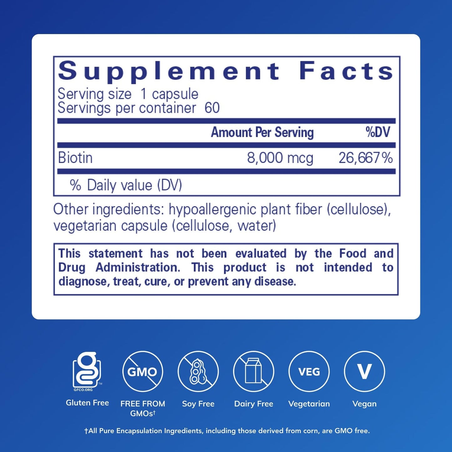 Pure Encapsulations Biotin 8 mg - B Vitamin Supplement to Aid Stress Relief, Hair, Skin & Nail Strengthening, Metabolism, Carbohydrate Support & Nervous System* - with Premium Biotin - 60 Capsules