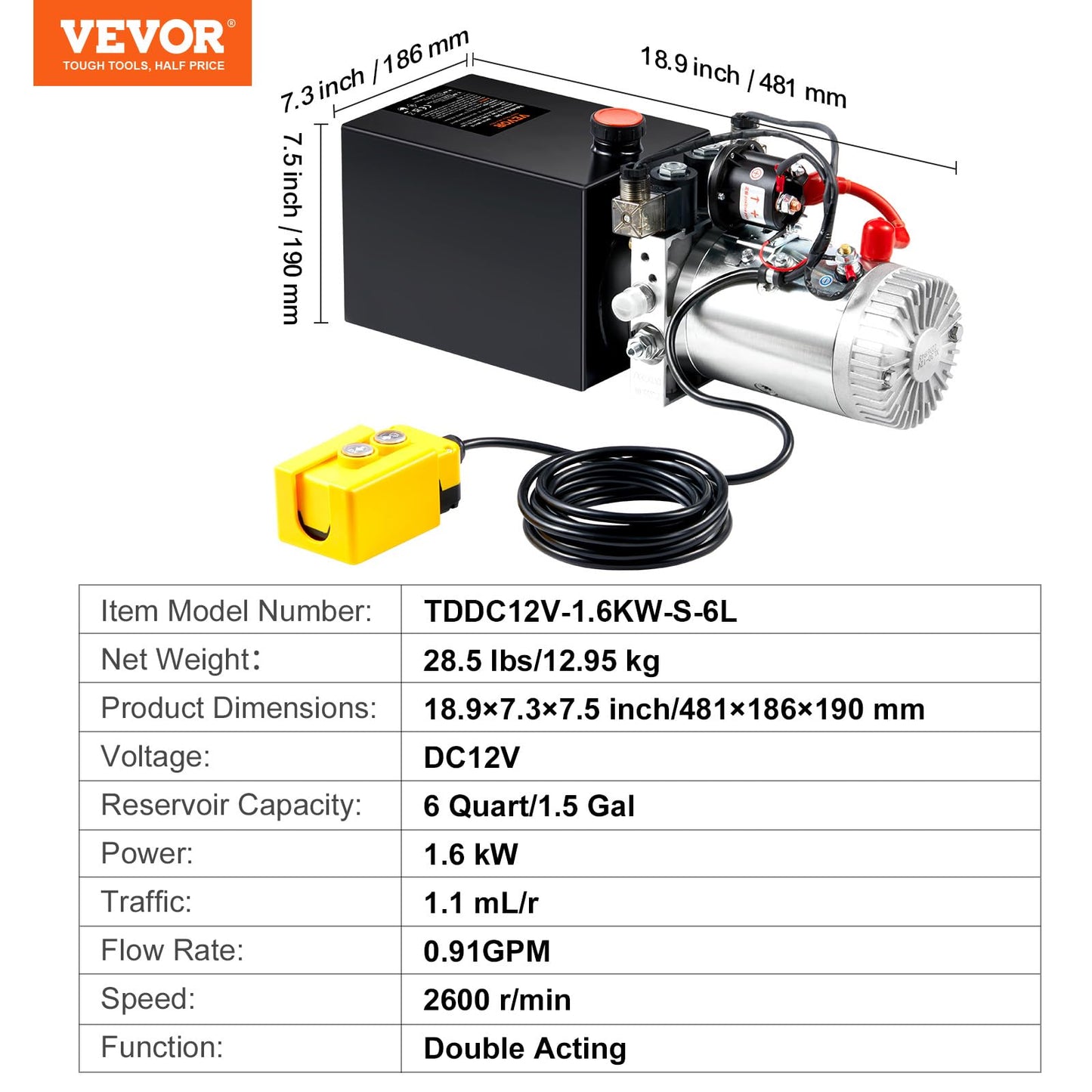 VEVOR 6 Quart Power Unit Double Acting, 3200 PSI Max Relief Pressure, DC 12V Hydraulic Pump for Dump Trailer Car Lifting